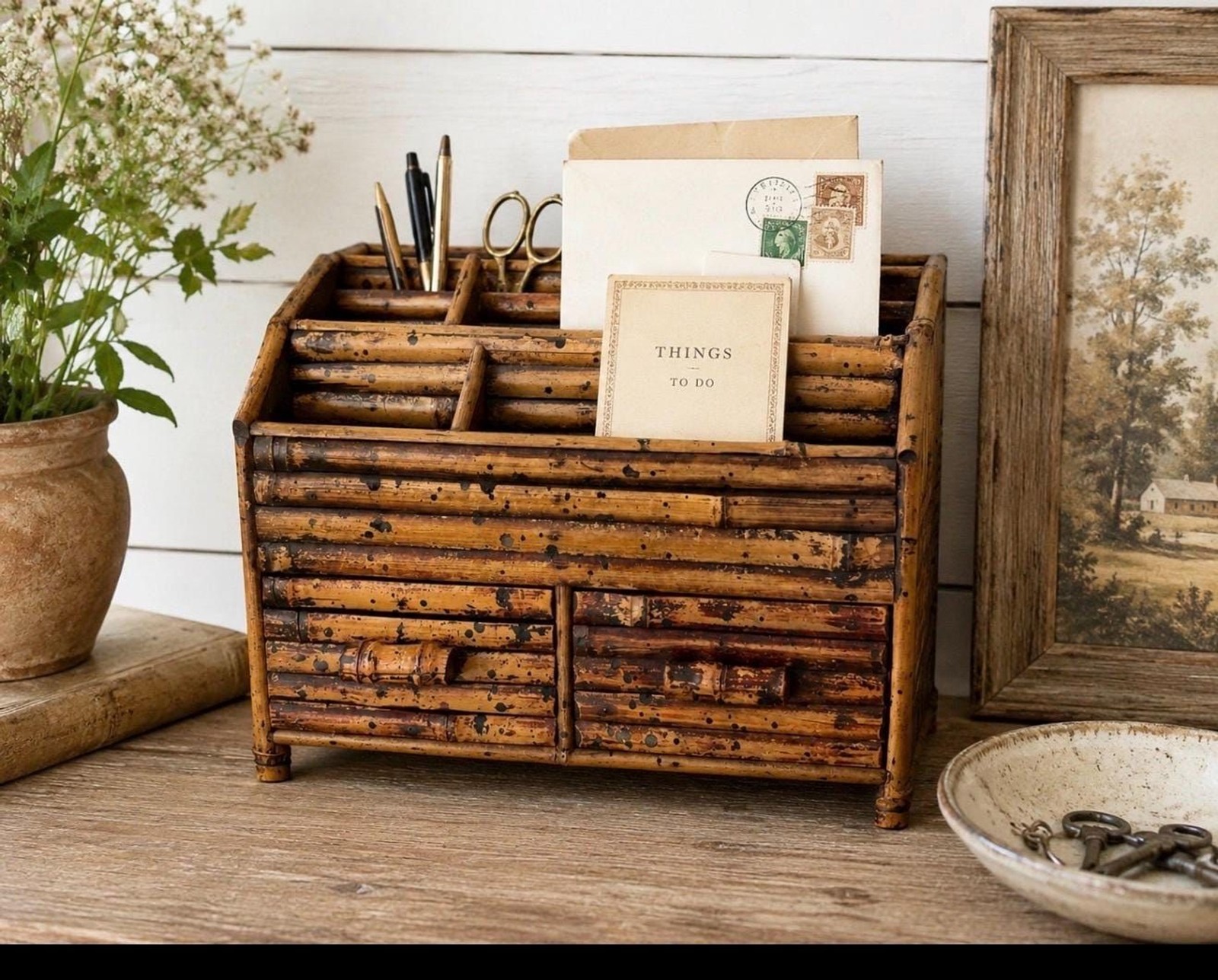 Vintage Bamboo Desk Organizer Letter Holder with Drawers | Boho Office Storage |
