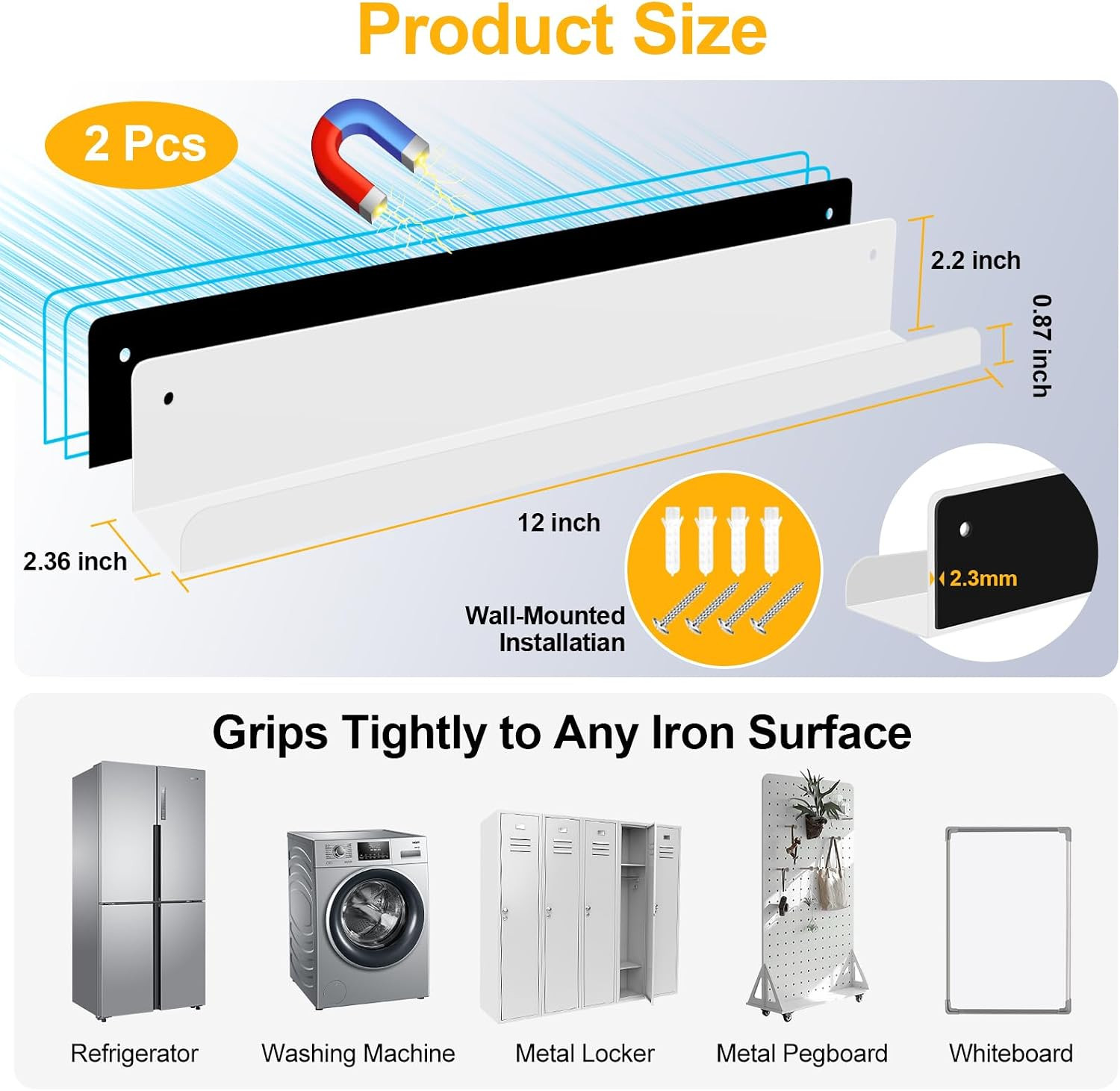 2-Pack Magnetic Book Shelf for Whiteboard – 12 Inch Reusable Metal Magnetic Shel