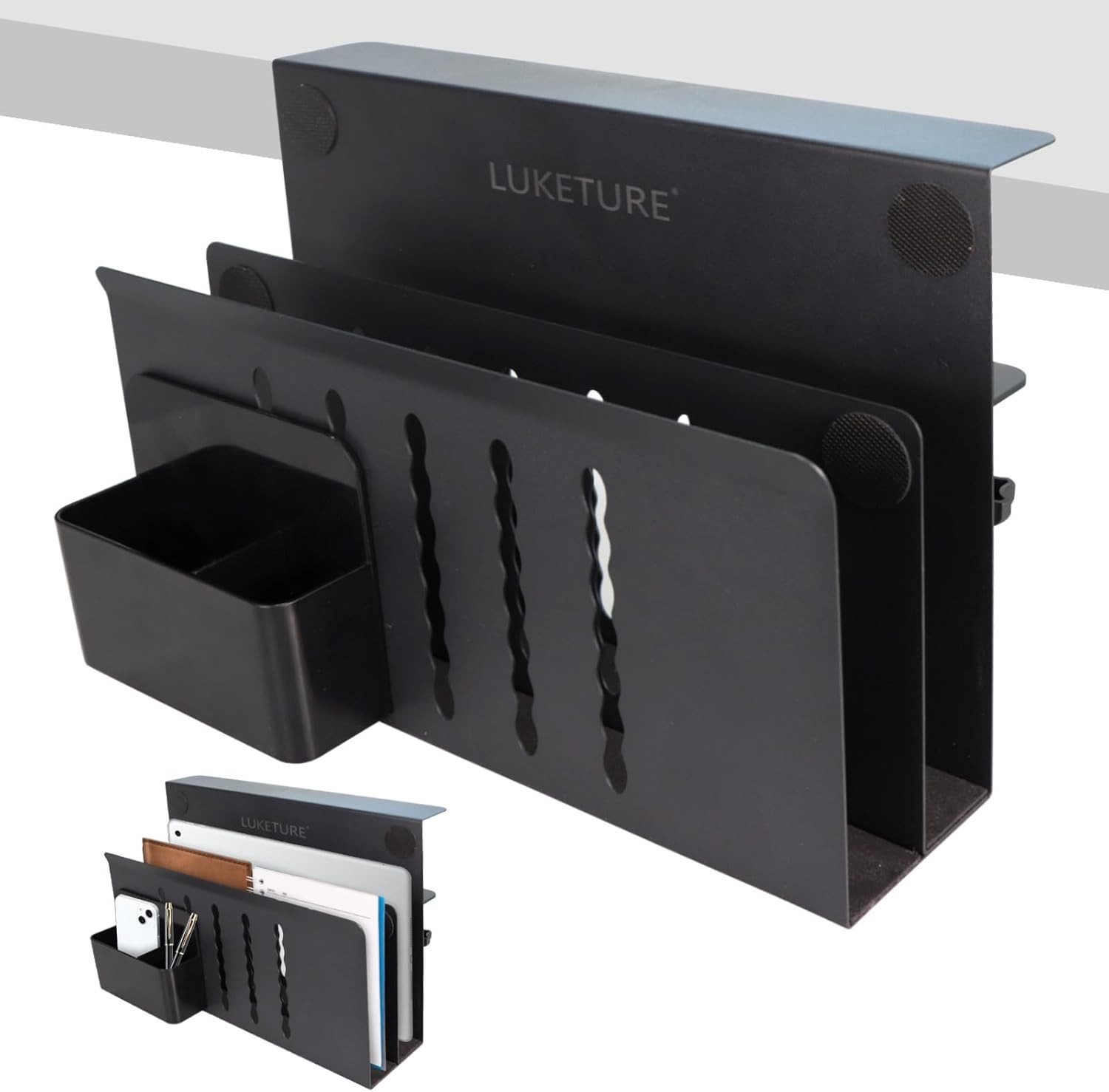 Desk Side Storage, 2 Tier Steel Hanging Organizer, No Drill , with Pen Holder