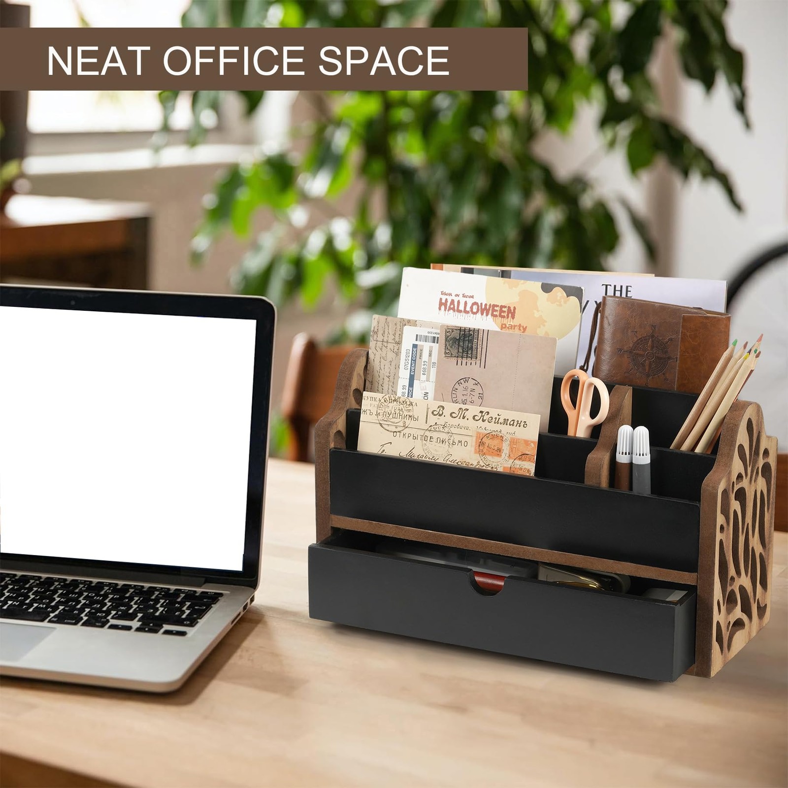 Desk Organizer with Drawer Wood File Office Mail Organizer Countertop5 Slot T…
