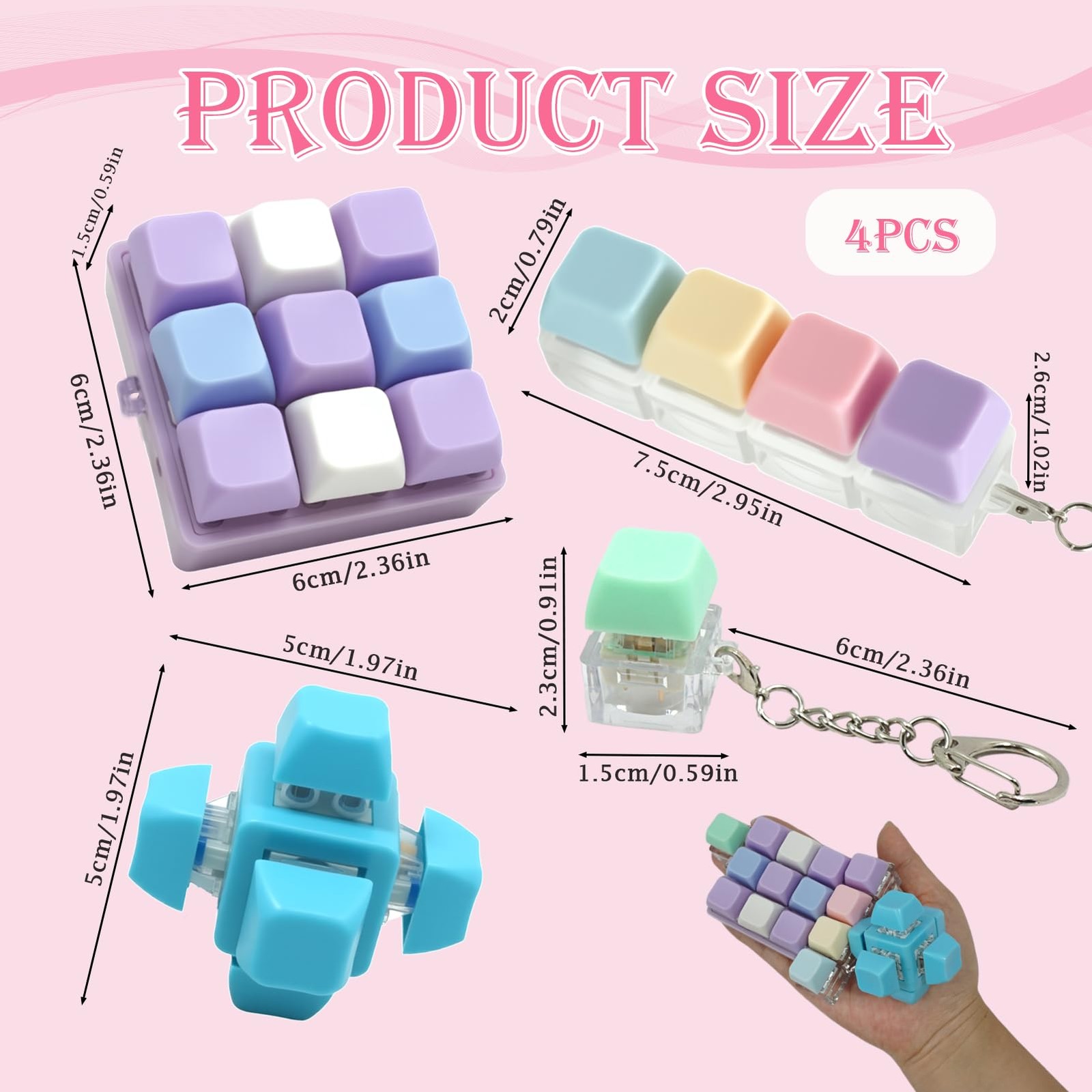 MILAKE Keyboard Fidget Set, 4 Pcs Small, Purple, Pink, Green, Blue, Yellow