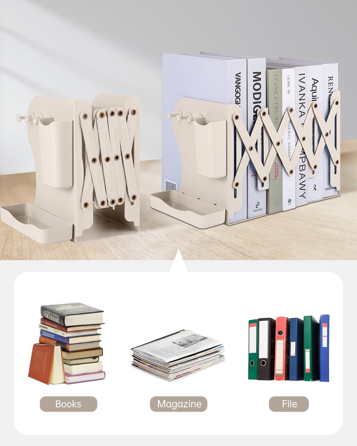 Honagu Adjustable Bookends, Metal Book Ends for Shelves Heavy Milky White