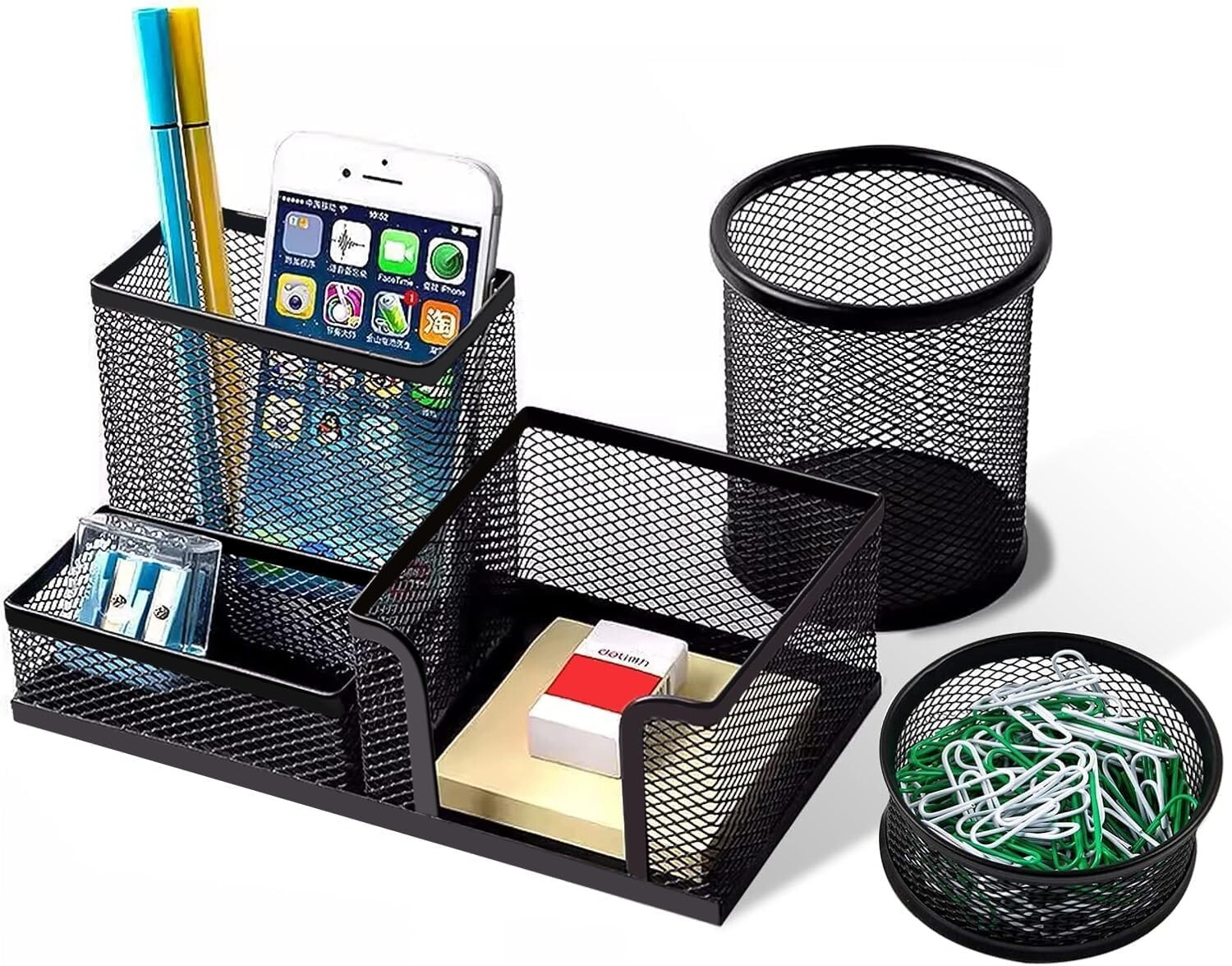 Black Metal Desk Organizer 3 PCS Pen Holder Caddy Paperclip Office Storage Tray