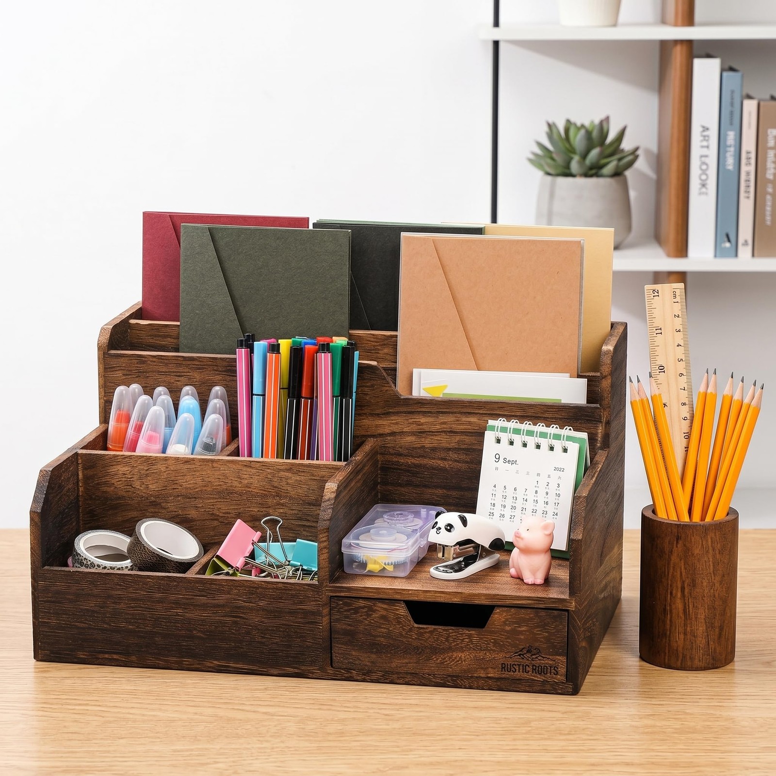 Pumtus Brown Wooden Desk Organizer, Mail Organizer with 7 Compartments