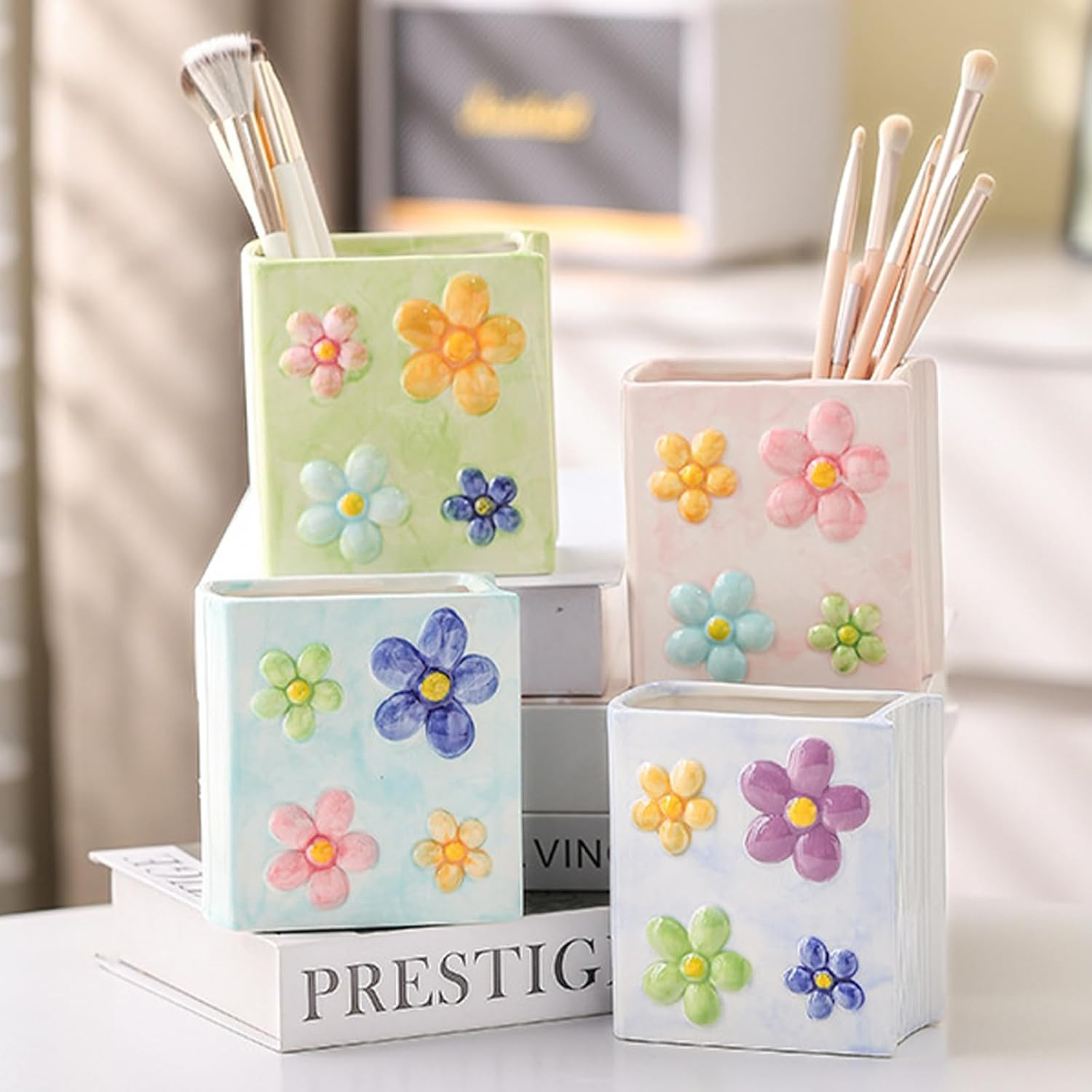 Book Vase Flower Pencil Cup Pen Holder for Office Desk Decorative Books Pink Flo