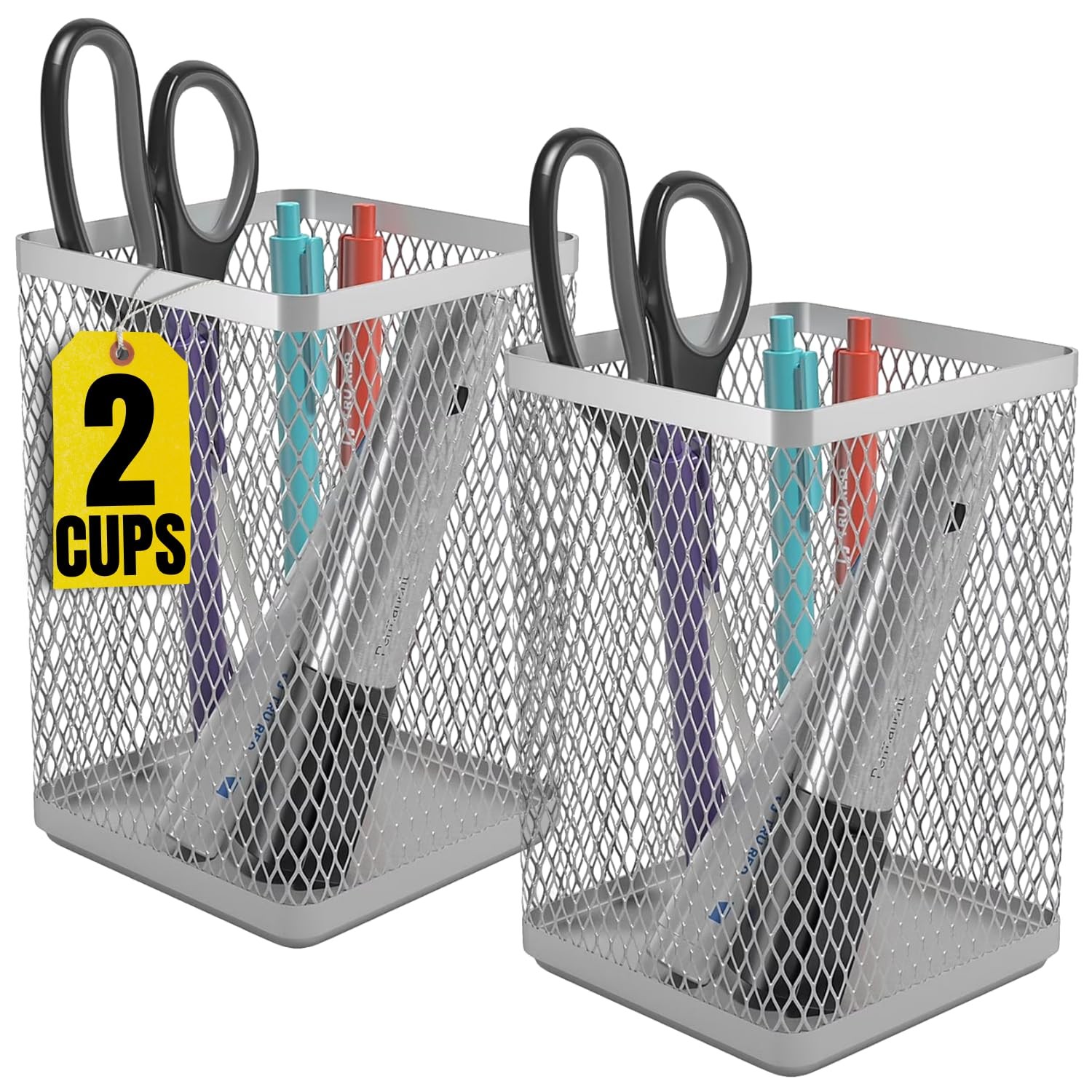 1InTheHome Large Pen Holder, Big Tall Pencil Cup, Silver Wire Mesh ”2 Pack”