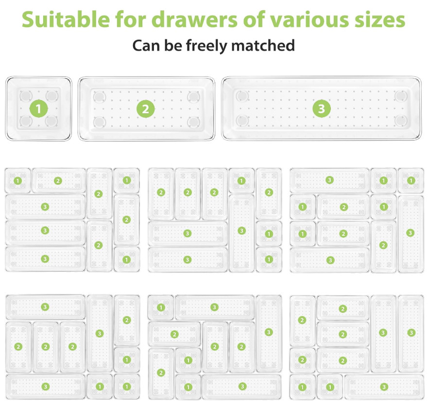 12PCS Clear Drawer Organizer Tray Set Plastic Storage Bins Desk Kitchen Bathroom