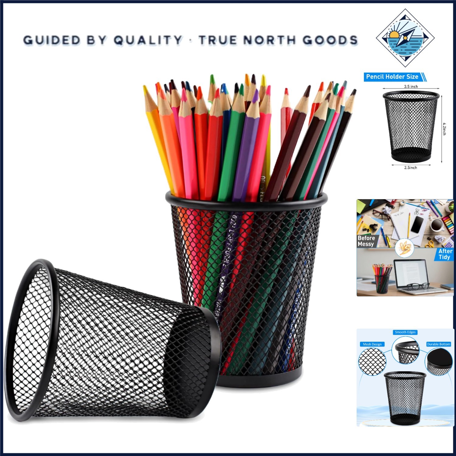 2 Pack Pencil Holders, Black Mesh Metal Organizers for School Supplies