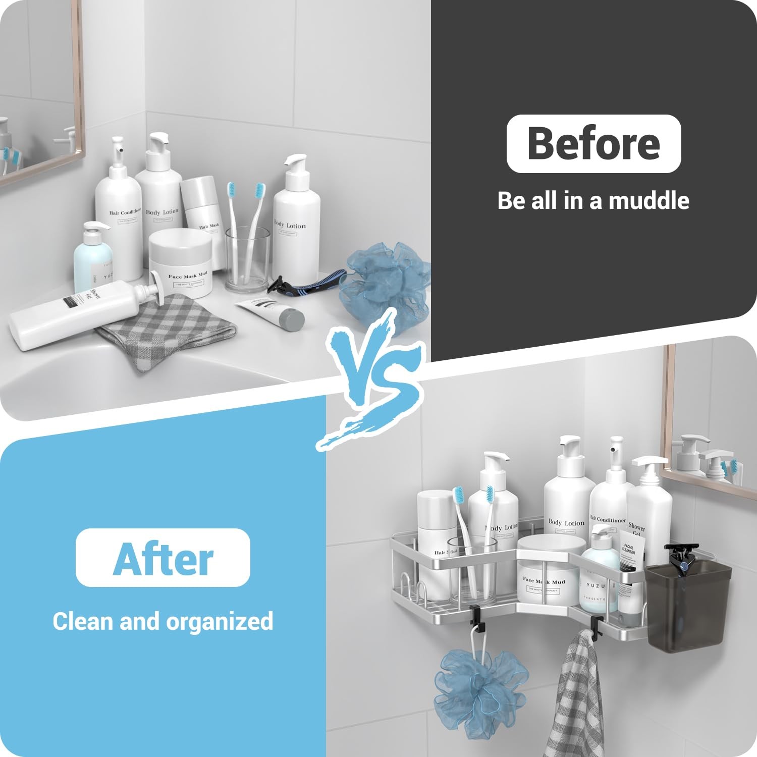 AKTECKE Corner Shower Caddy Shelf Rack: 2 Pack 9.6″×9.6″×2.6″, bright silver