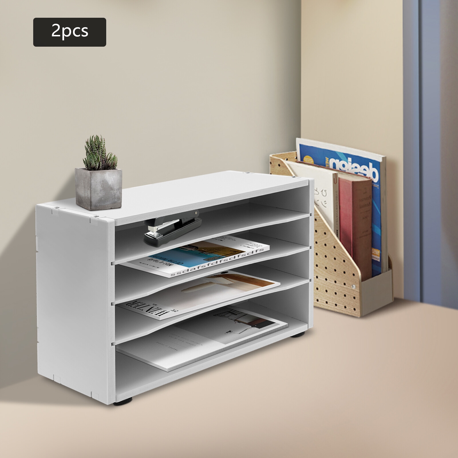 Desktop Organizer 2 Pack 4 Compartment File Sorter White Office Desk Accessories
