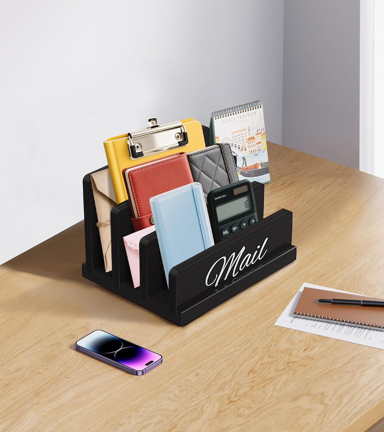 Mail Organizer for Desk,Wooden Mail Holder with Divider, 3-Slot Letter Sorter Fi