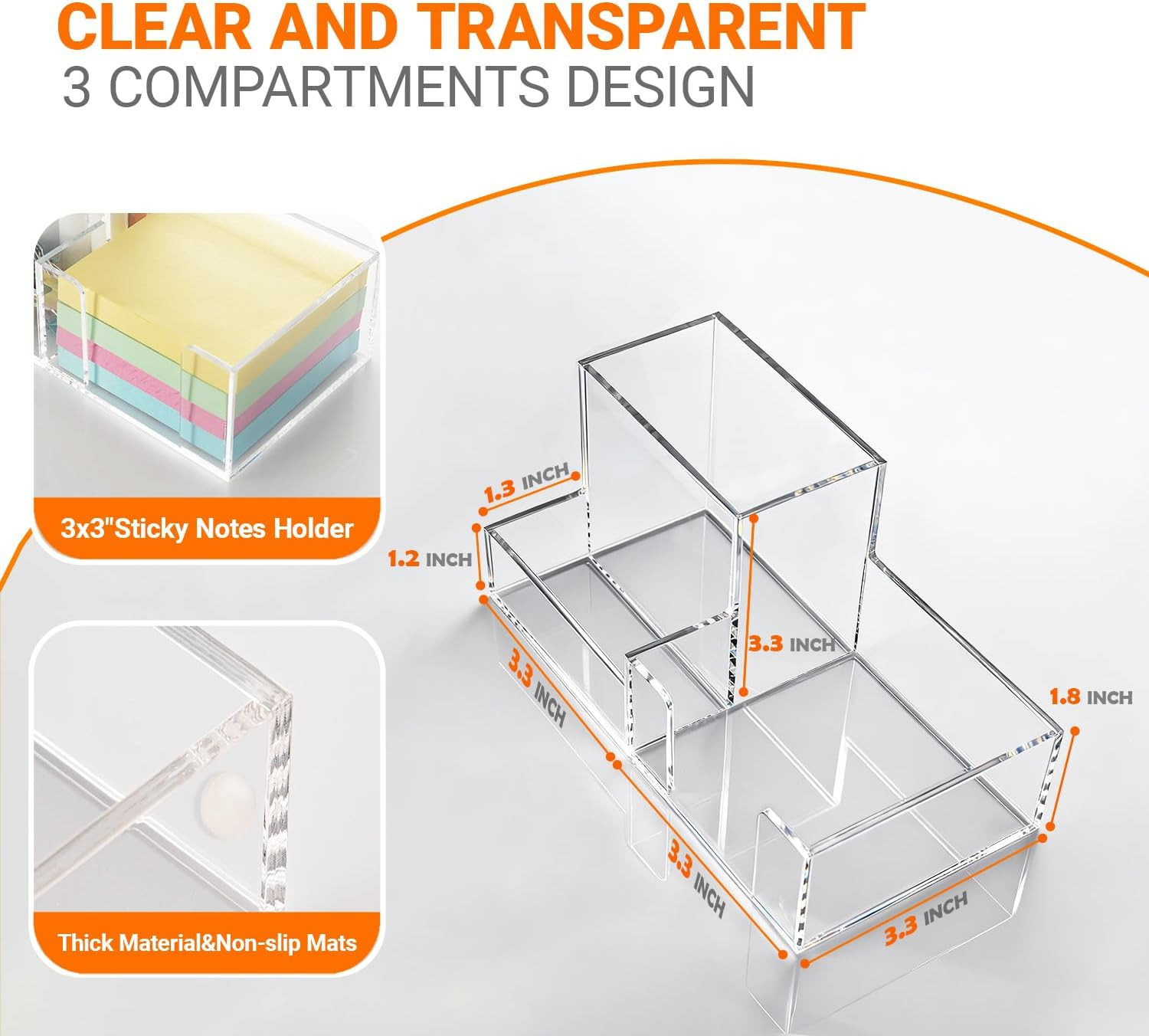 Pen Holder for Desk Clear Pencil Holder with Sticky Notes Holder Acrylic 3 Compa