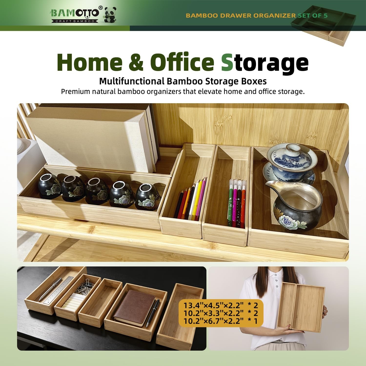 BAMOTTO CRAFTBAMBOO Stack 19.2″ L x 13.3″ W x 2.2″ H, Bamboo (5 Piece Set)