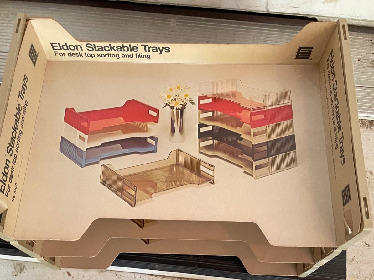 Three Vintage 1978 ELDON OFFICE PRODUCTS Stackable File Trays , Tan