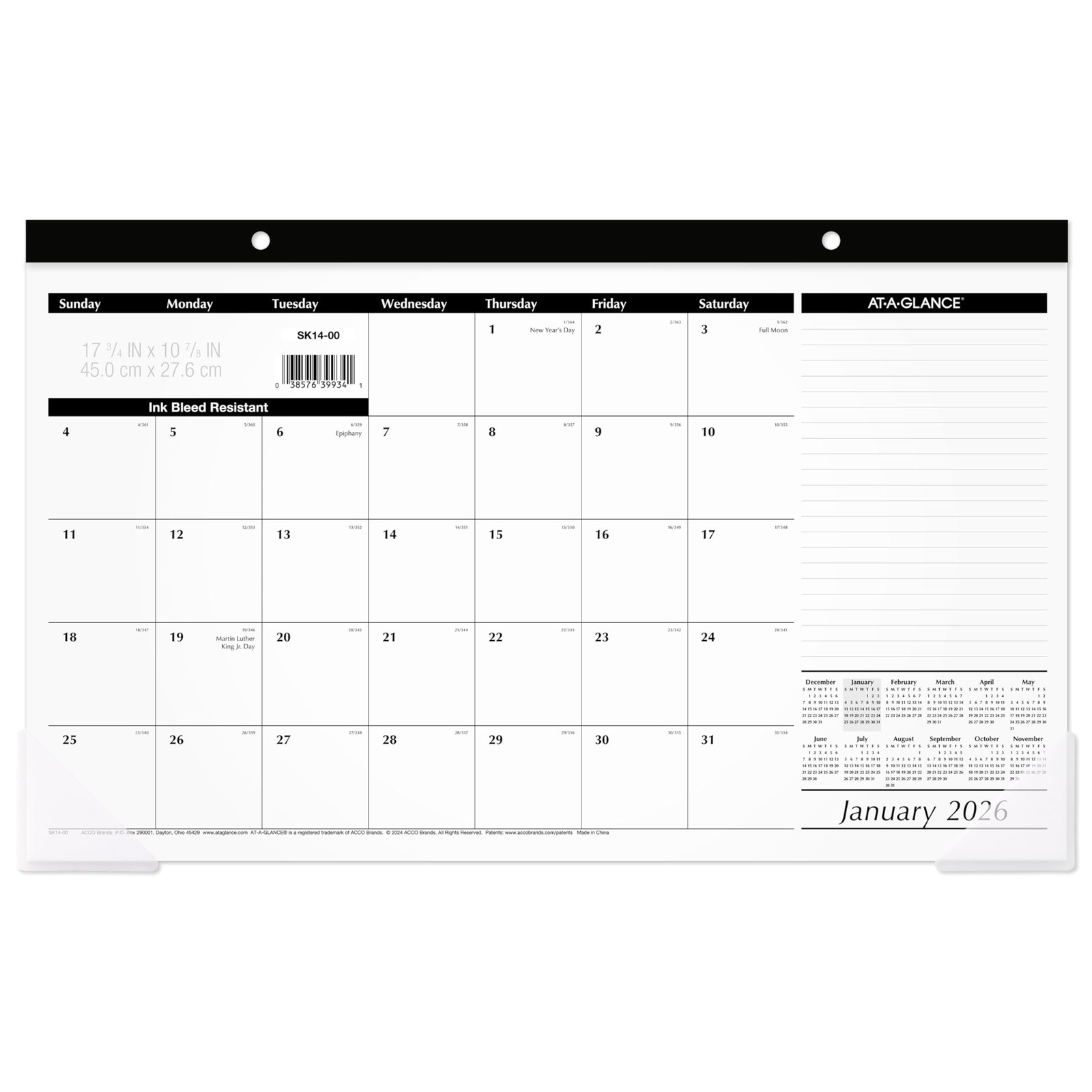AT-A-GLANCE 2026 Desk Calendar, Monthly, Pad, 17.75″W x 11″H, White