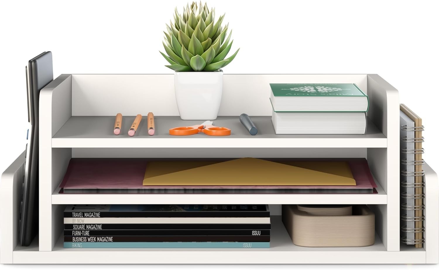 3-Tier Wood Desk Organizer Letter Tray File Holder w/ 2 Mail Slots White
