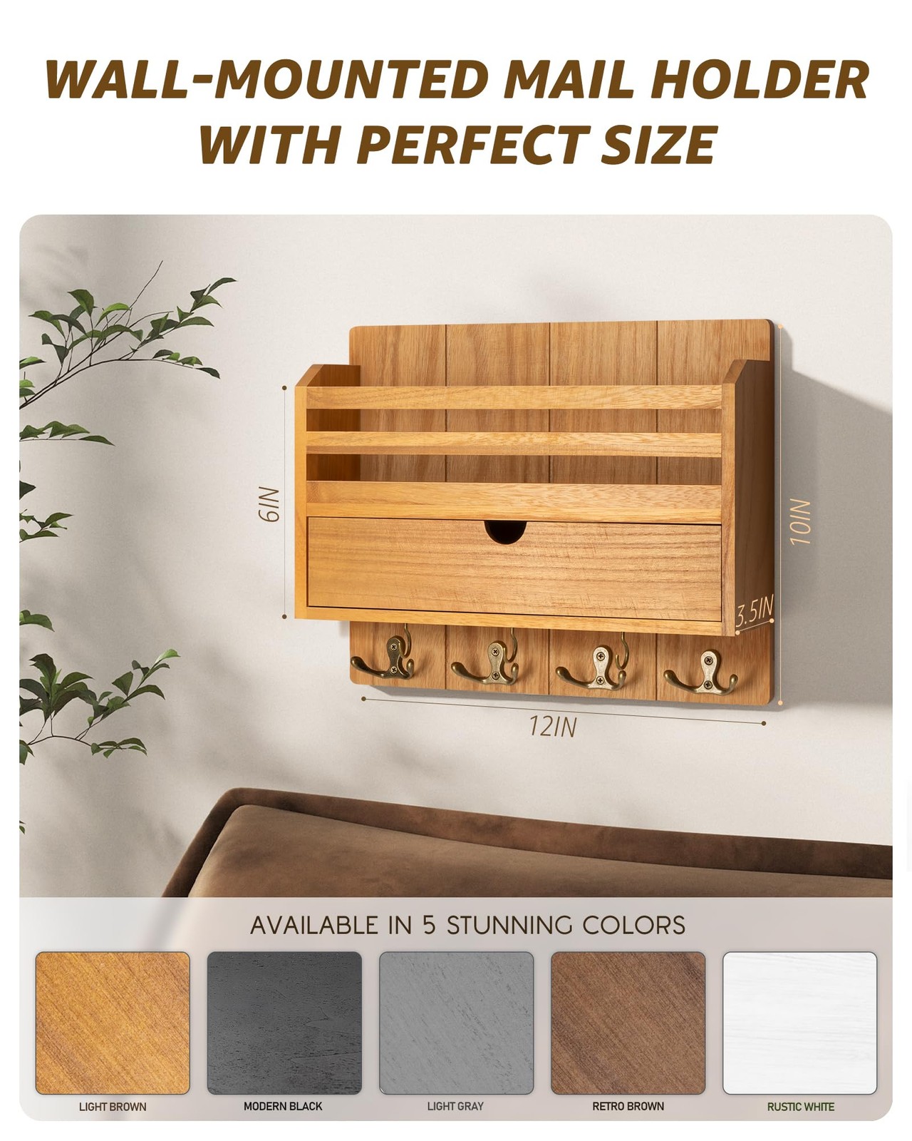 Modern Farmhouse Mail Organizer with Drawer Organizer – Rustic Key and Mail H…