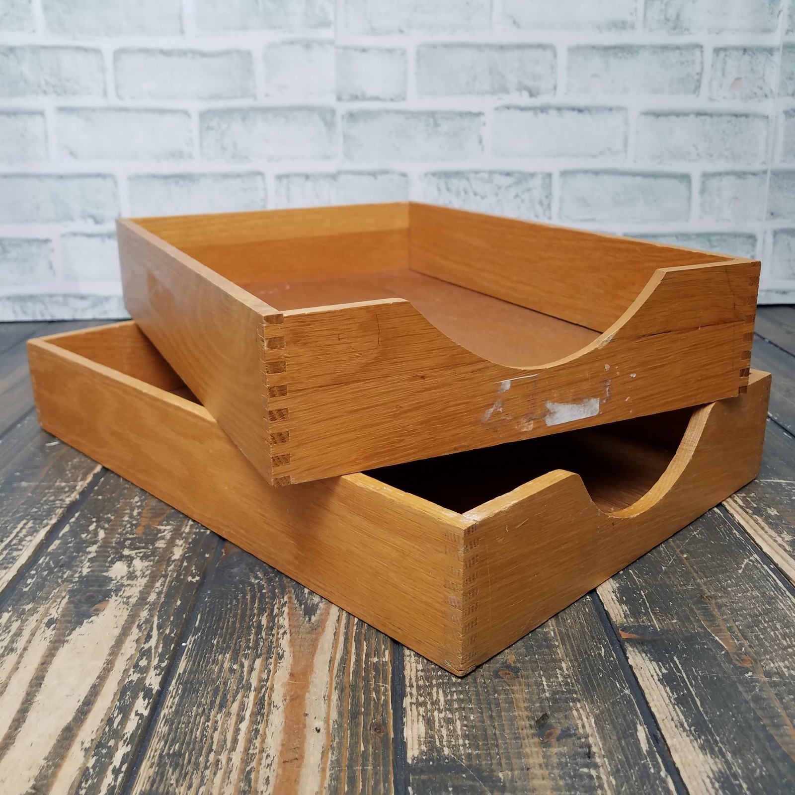 LOT 2 Vintage Wood Desk LEGAL Organizer Tray Dovetail Wood Office In Out Box #84