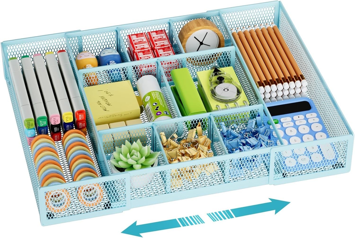 Expandable Desk Drawer Organizer Mesh Drawer Organizer Tray W/ 10 Adjustable