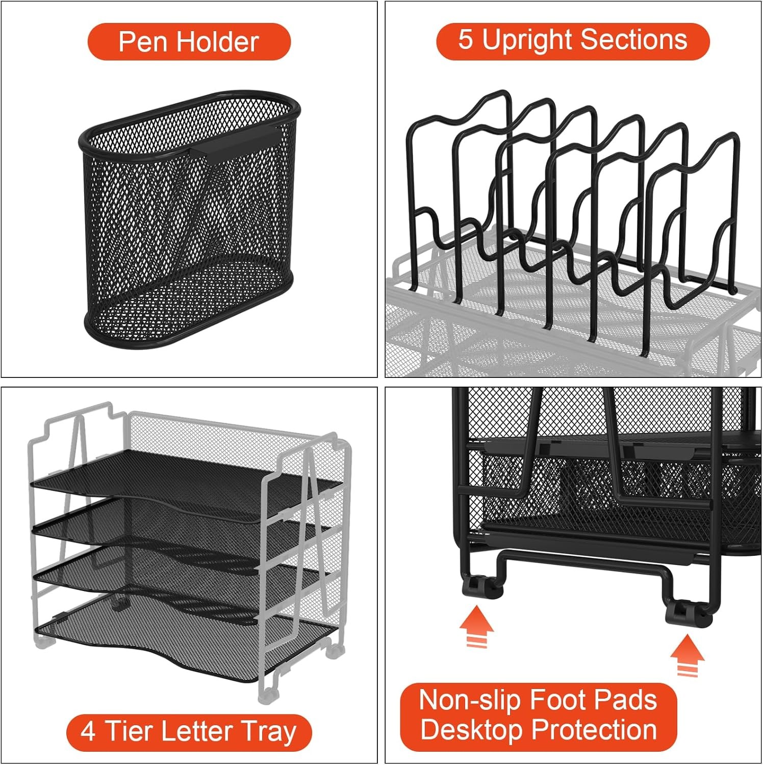 Mesh Desk Organizer 3-IN-1 Desktop with 4 Tier Tray and 5 Upright Sections File