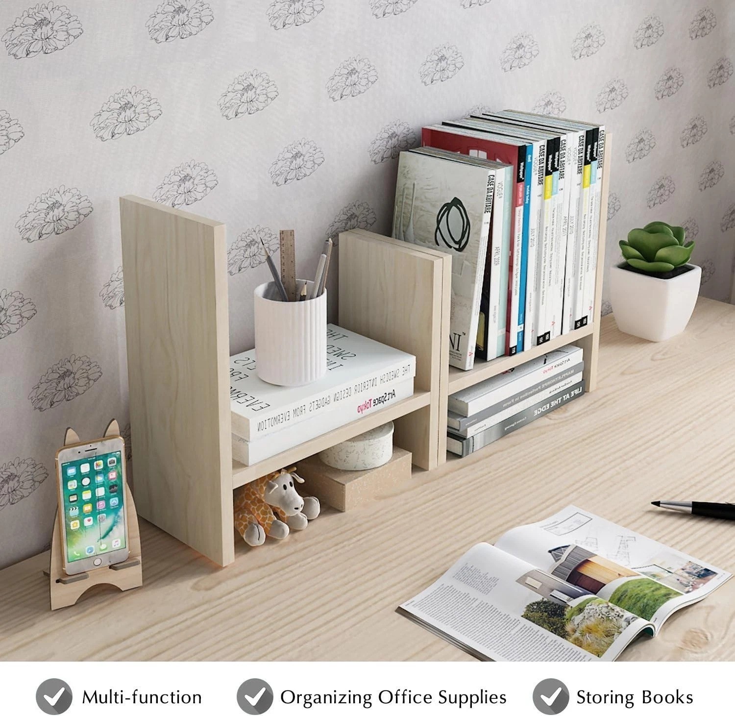 Adjustable Desktop Organizer – Stylish White Wood Mini Bookshelf for Office