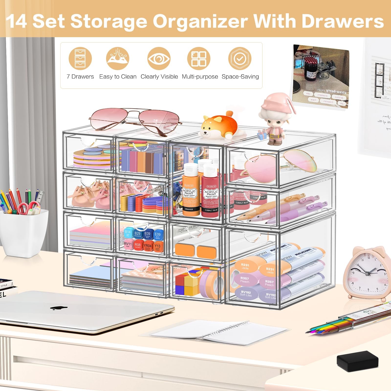 Desk Organizer with 14 Drawers, FODIENS 14 Packs 14 Transparent