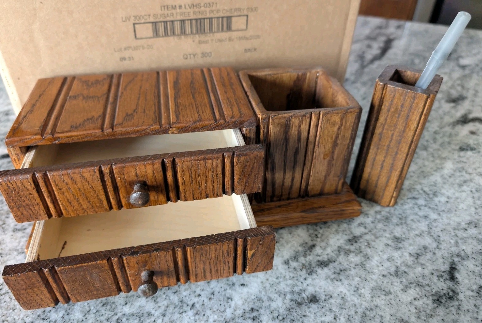 Vintage Handmade Wood Stationery Desk Organizer 10.5” Wide X 4” Tall X 5″ Deep