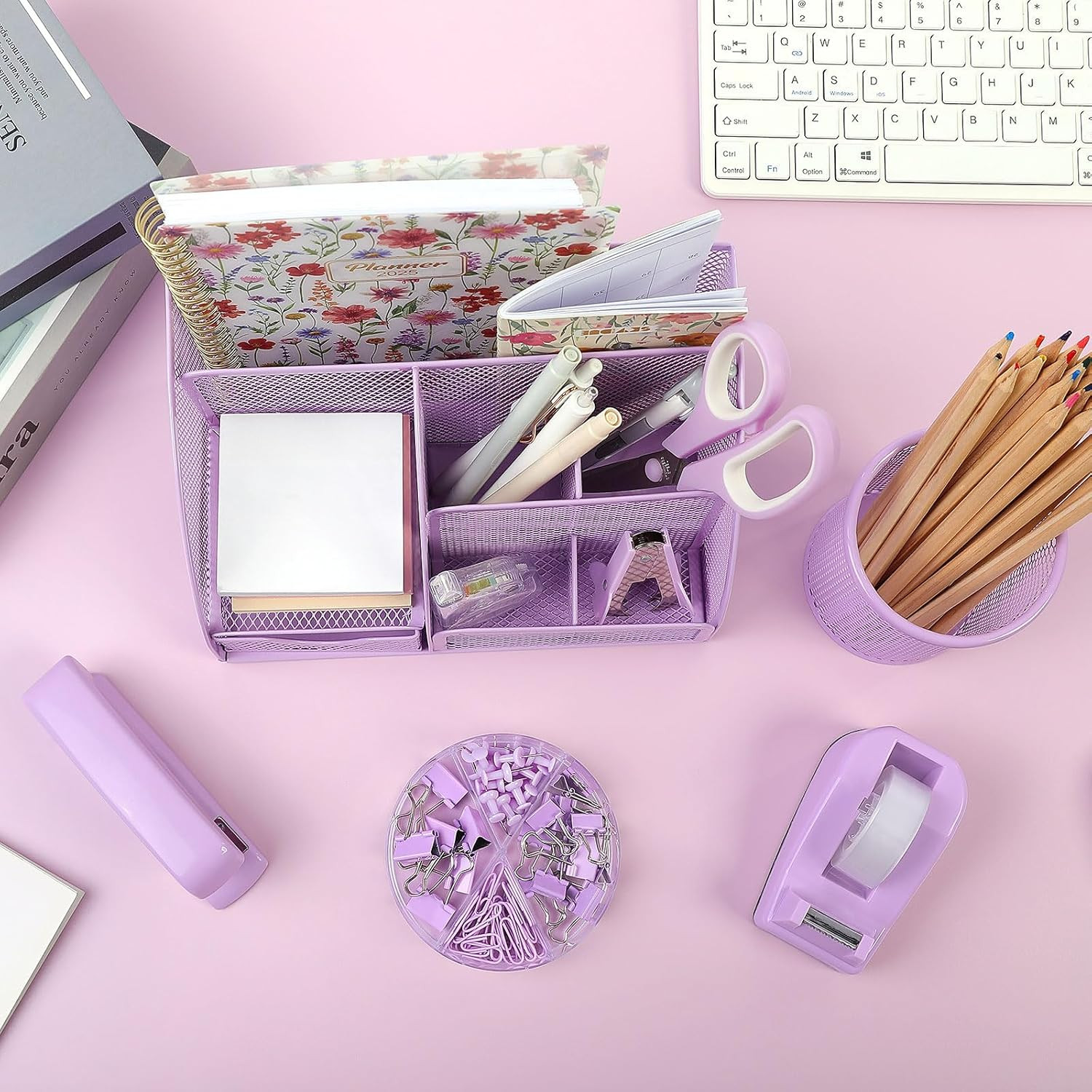 Purple Office Supplies, Purple Desk Organizer for Kids, Mesh Desk Organizer, Sta