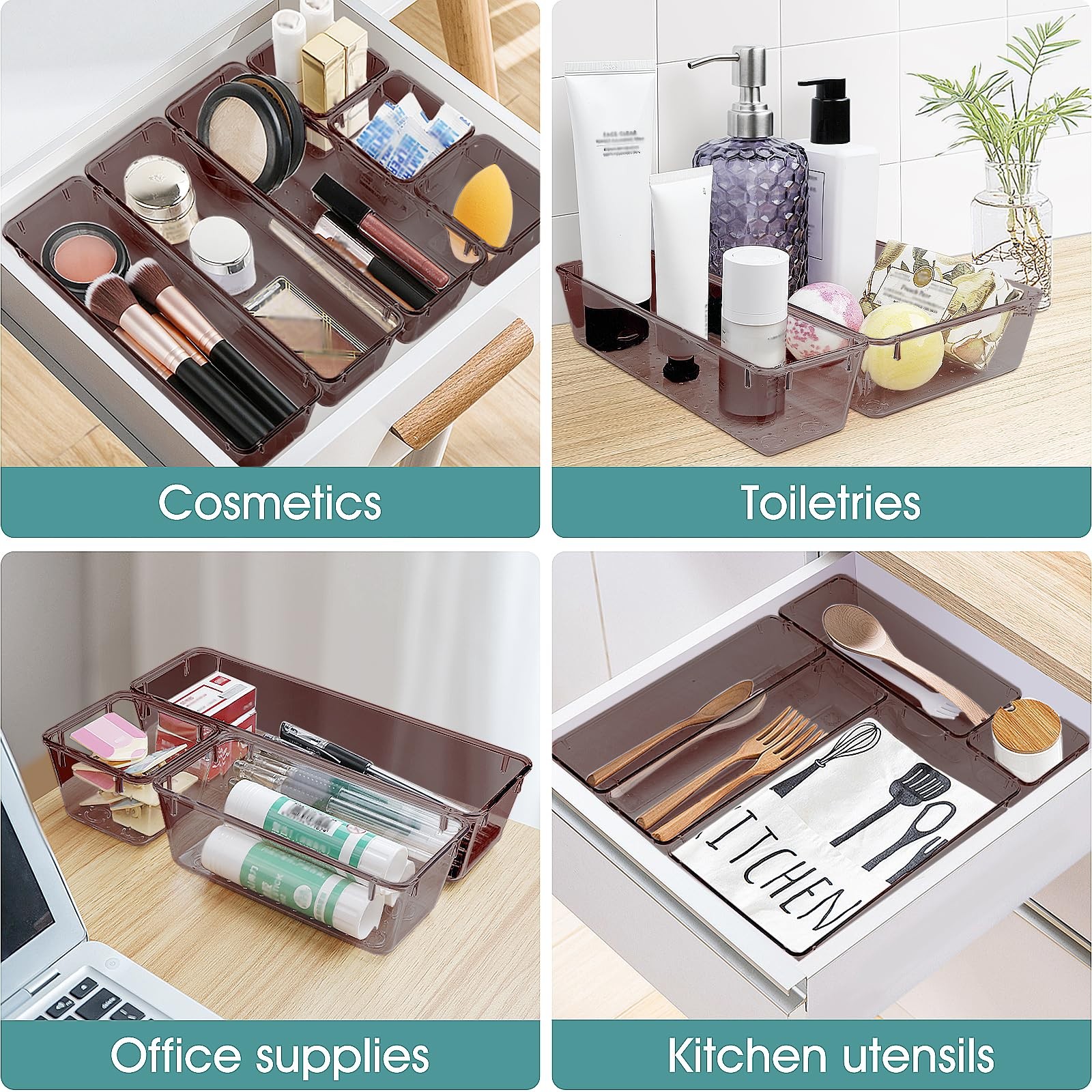 25~Piece Desk Drawer Organizer Set, 4 Sizes, Clear Brown Storage Bins