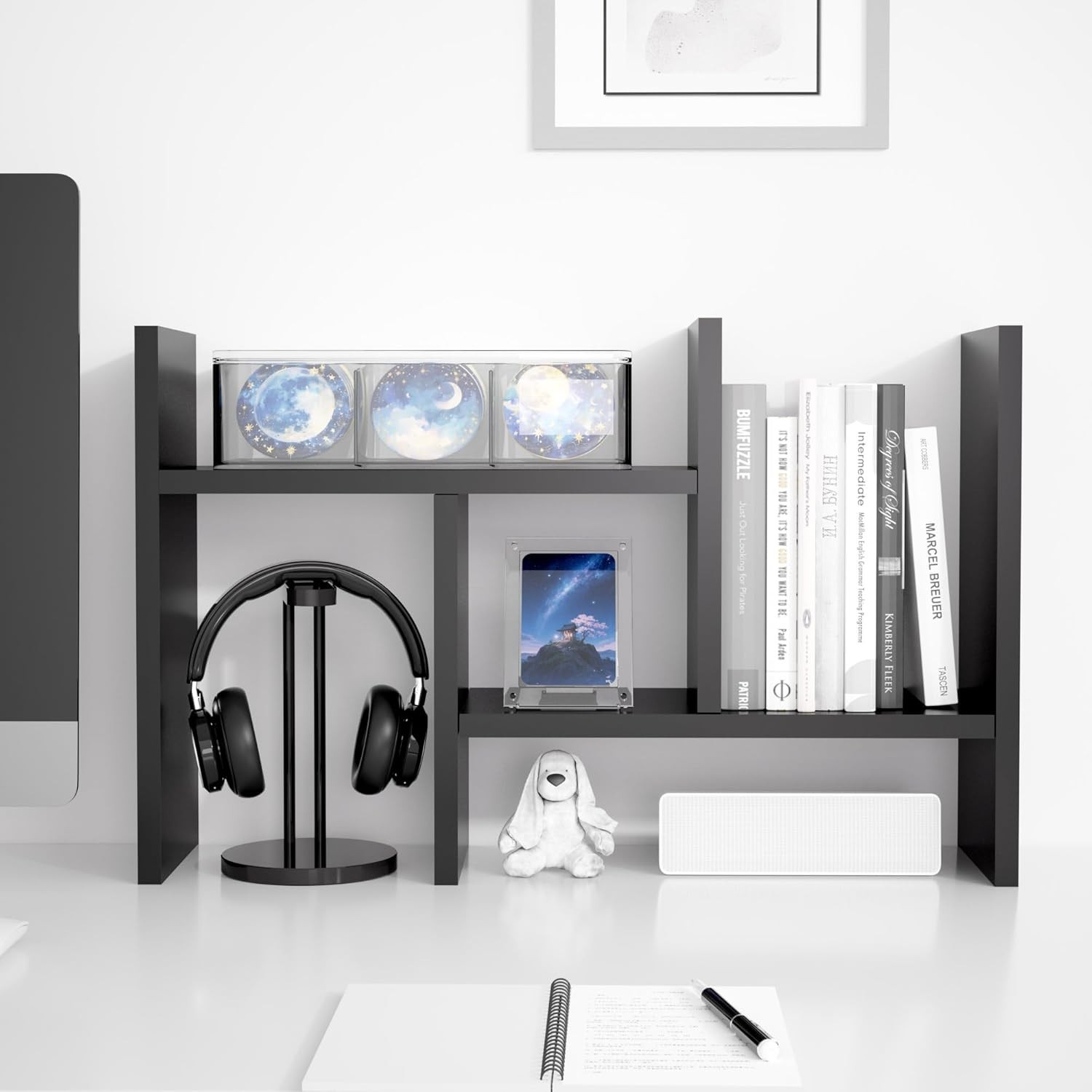 Wood Desktop Organizer Office Shelf Adjustable Double H Mini Bookshelf