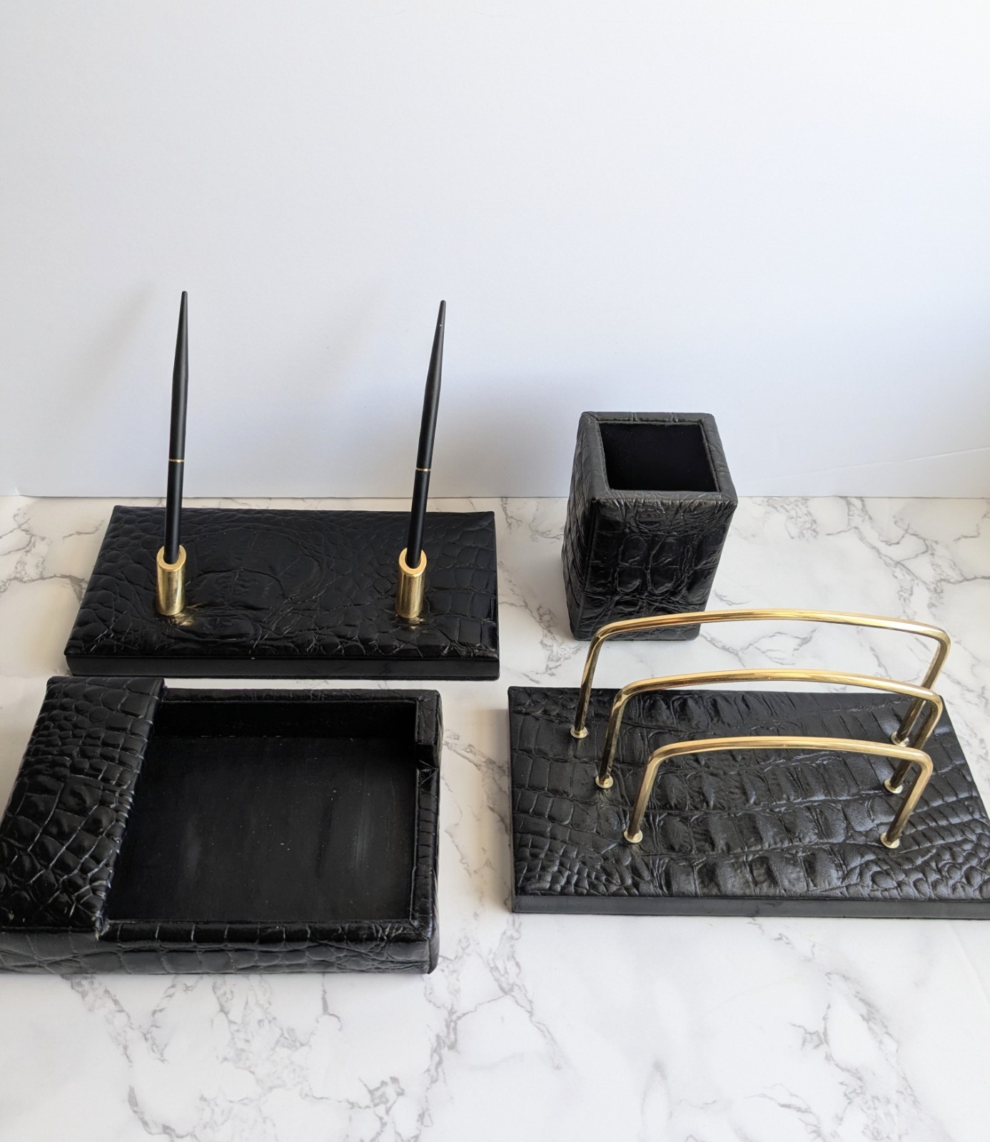 Majorca Black Croc Embossed Leather Desk Set Gold Letter Holder Pen Pencil…