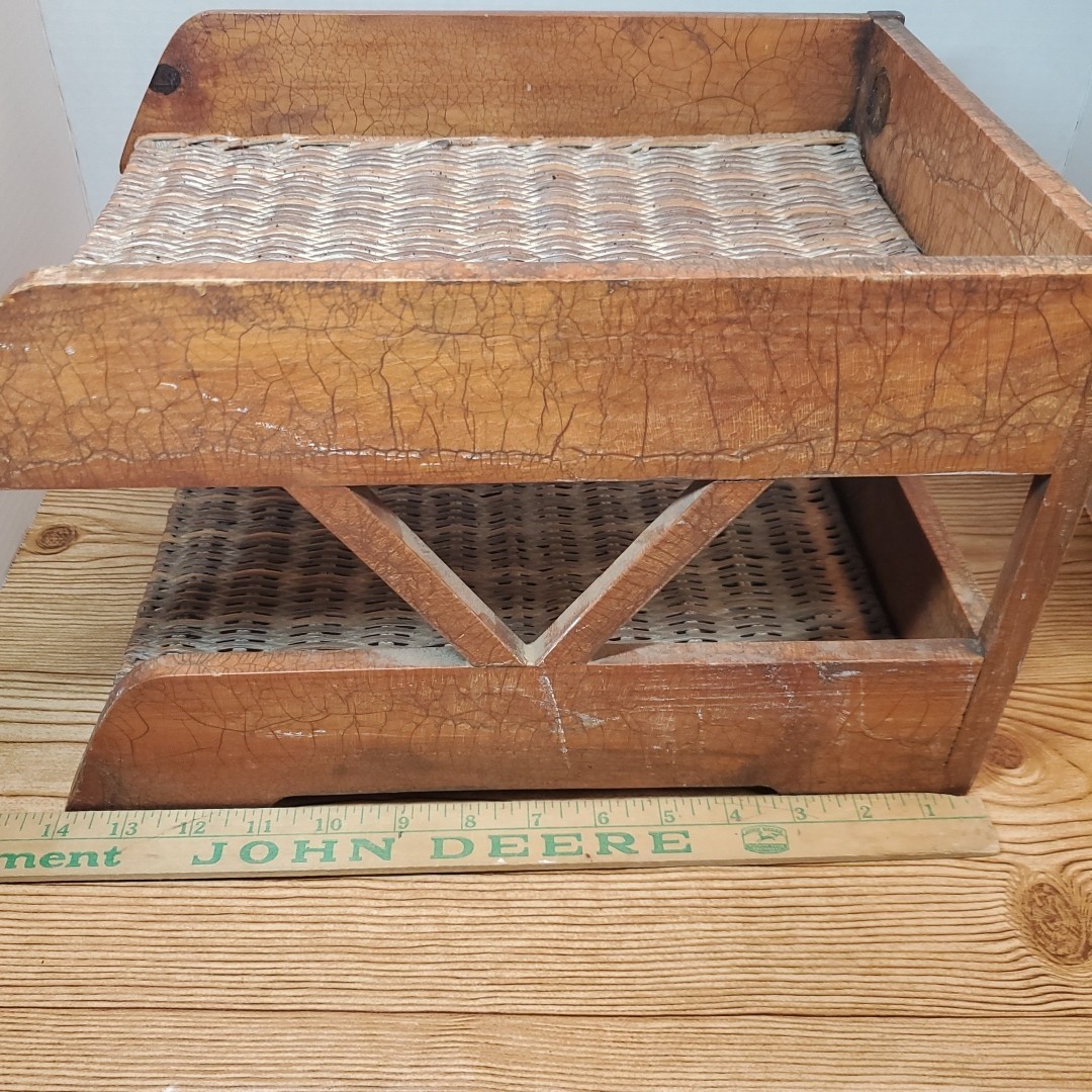 VTG 2 Tier Wood Rattan Wicker Paper Holder Letter Tray Office Desk Organizer