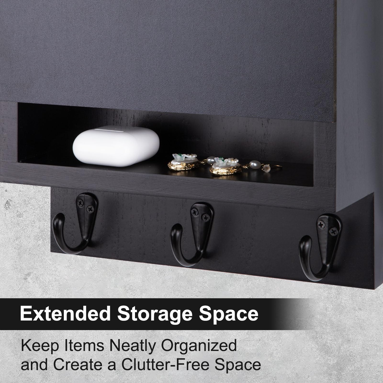 Black Key Mail Holder Wall Mount Chalkboard Storage Box 3 Hooks Organizer