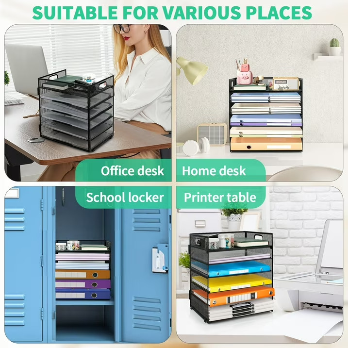 6-Tier Metal Mesh Desk Organizer with Handle Paper Letter Document Tray Black