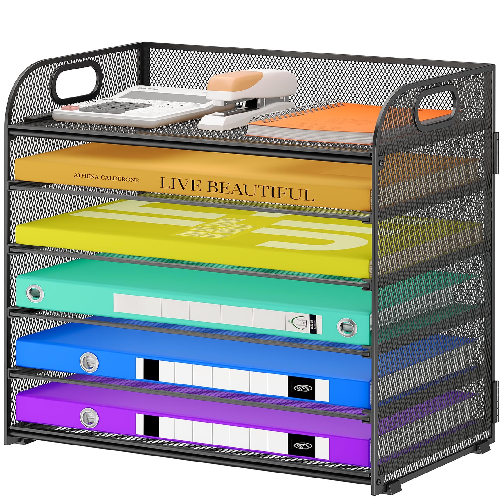 Cawukege 6 Tier Paper Organizer, Black Letter Tray with Handle, Mesh Desk Org…