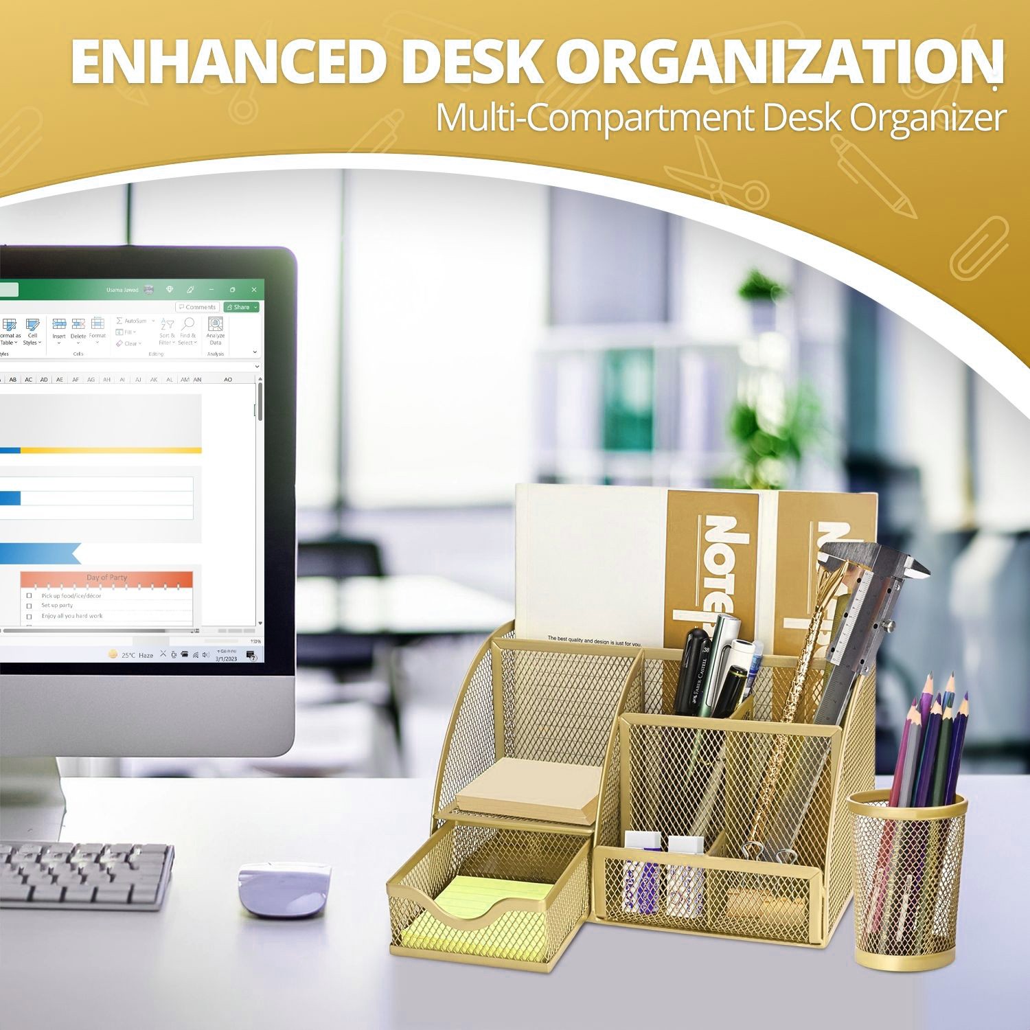 Desk Caddy Organizer Set (Rose Gold) – Metal Mesh Desktop Caddy w/ Pencil Holder