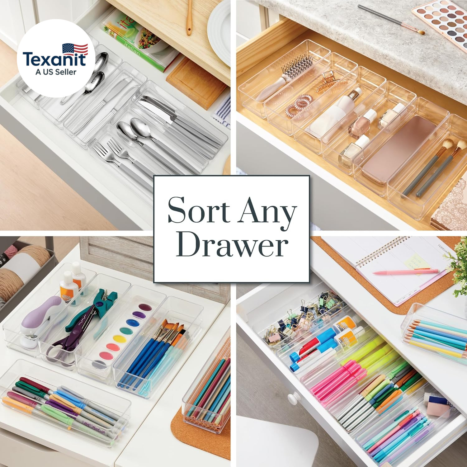 Simplesort 6-Piece Stackable Clear Drawer Organizer Set | 9″ X 3″ X 2″ Rectangle