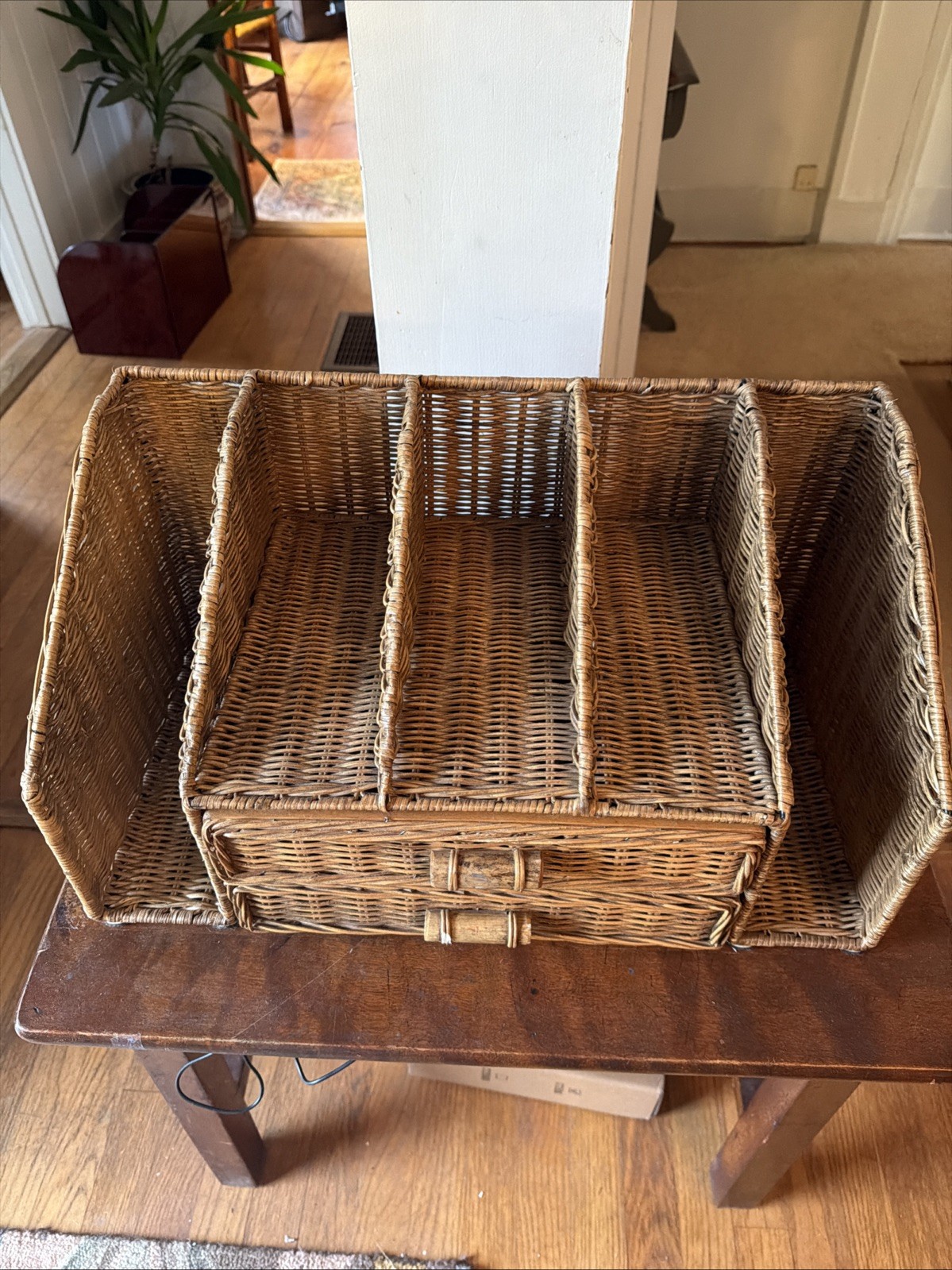 Vintage Wicker Rattan Tabletop Desk Mail Letter Stationery Organizer Drawers