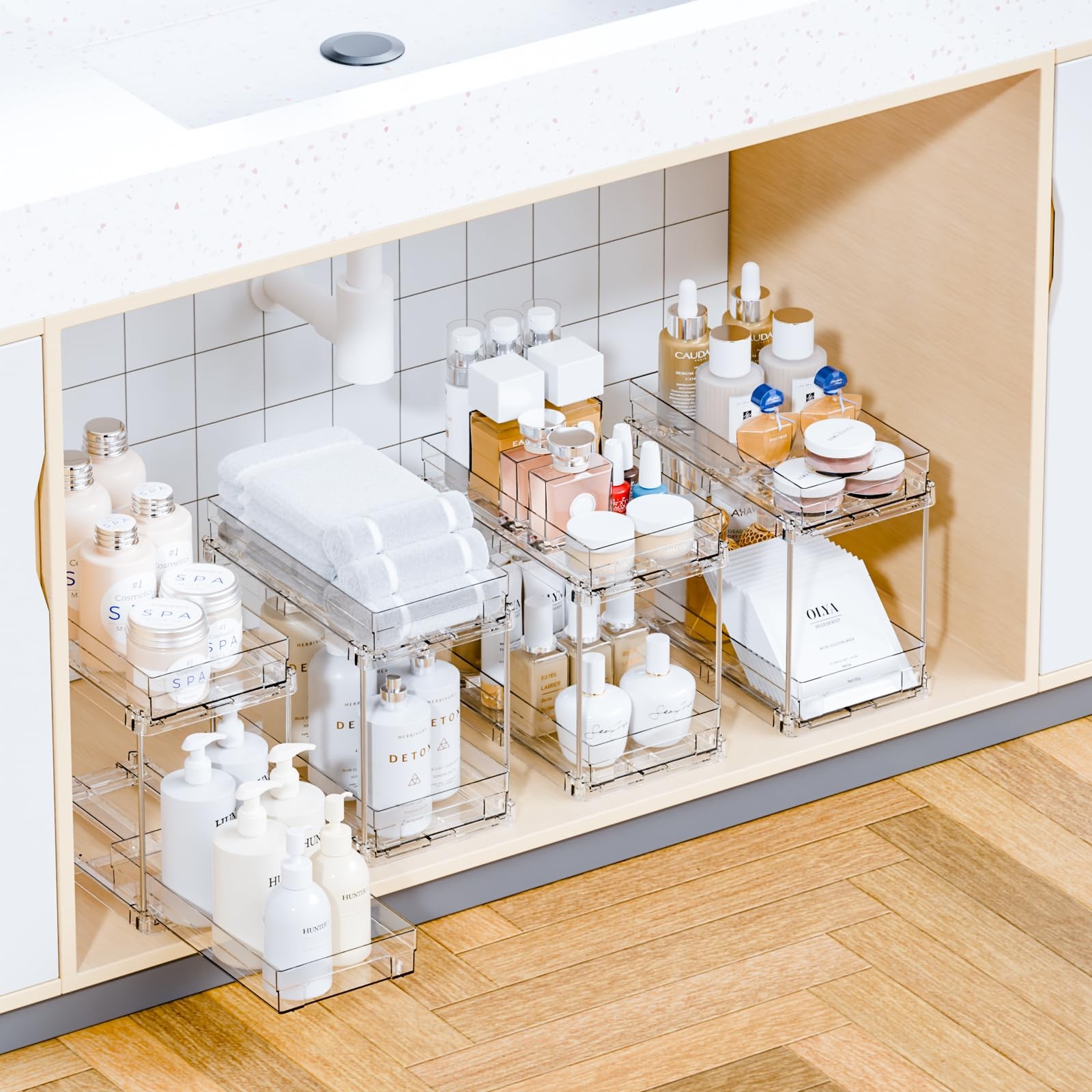 2 Set,2 Tier Pull Out Cabinet Organizer for 10.4″ x 6″ x 9.2″, Clear