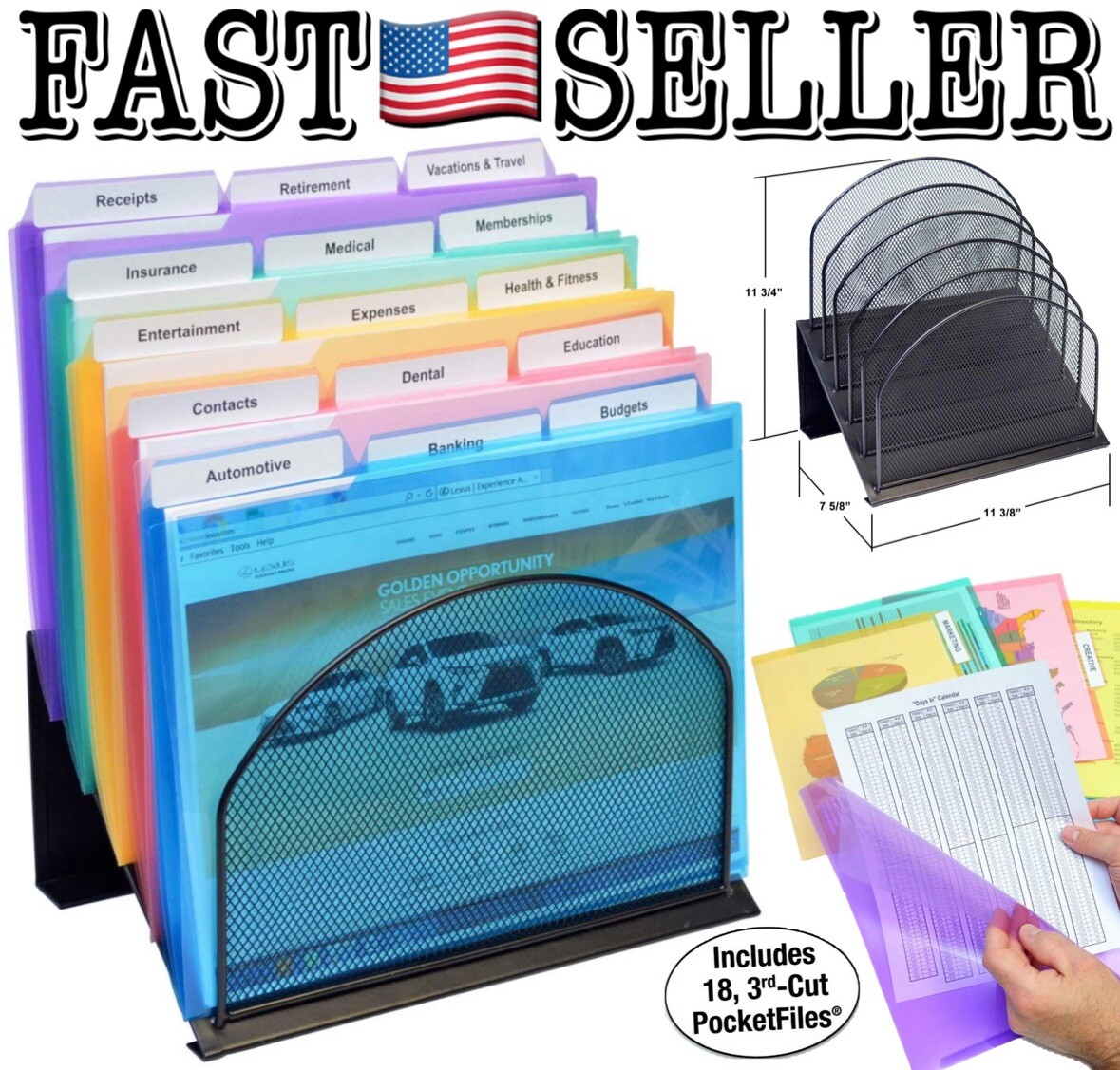 5-Slot Inclined Wire Mesh Desktop Organizer StepUp File Desk Rack W/ PocketFiles