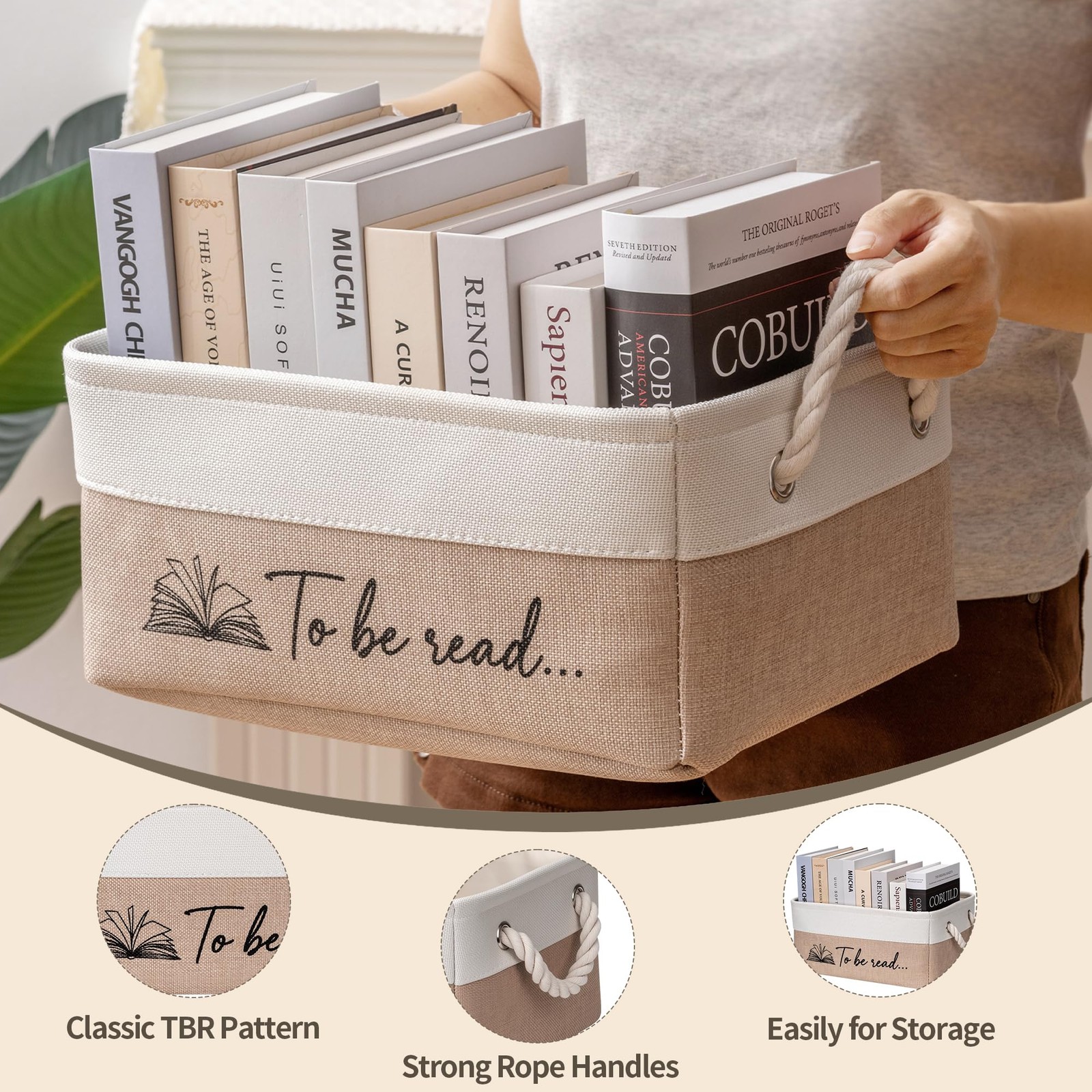 TBR Book Storage Basket To Be Read Organizer Bin Bookish Gift Khaki Decor