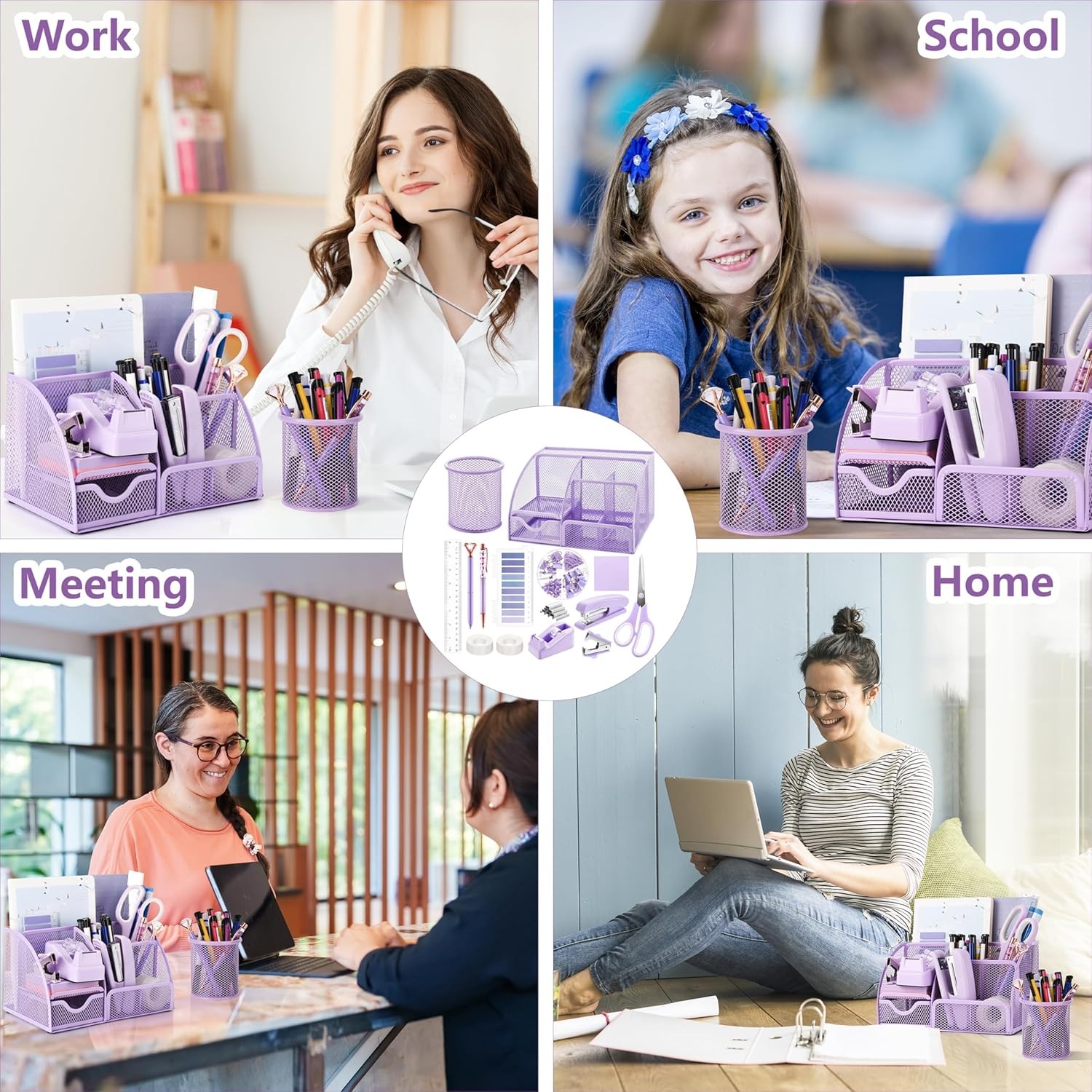 15 Pcs Purple Office Supplies Set Mesh Desk Organizer Accessories Kit include…