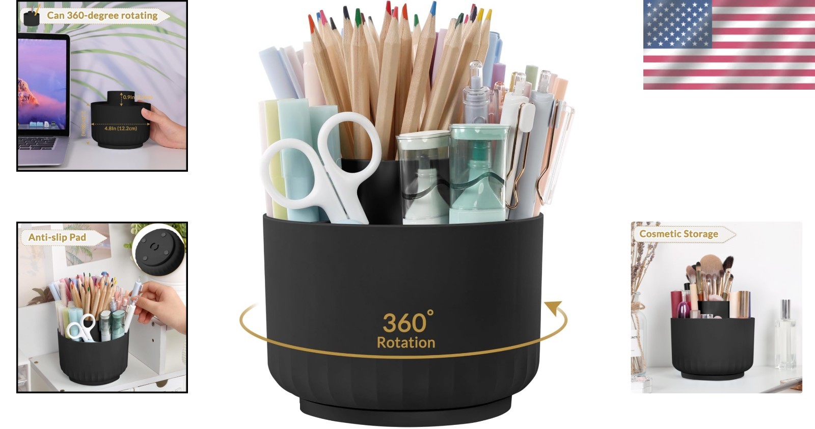 Stylish 360-Rotation Pen & Pencil Holder – Space-Saving Desk Organizer in Black