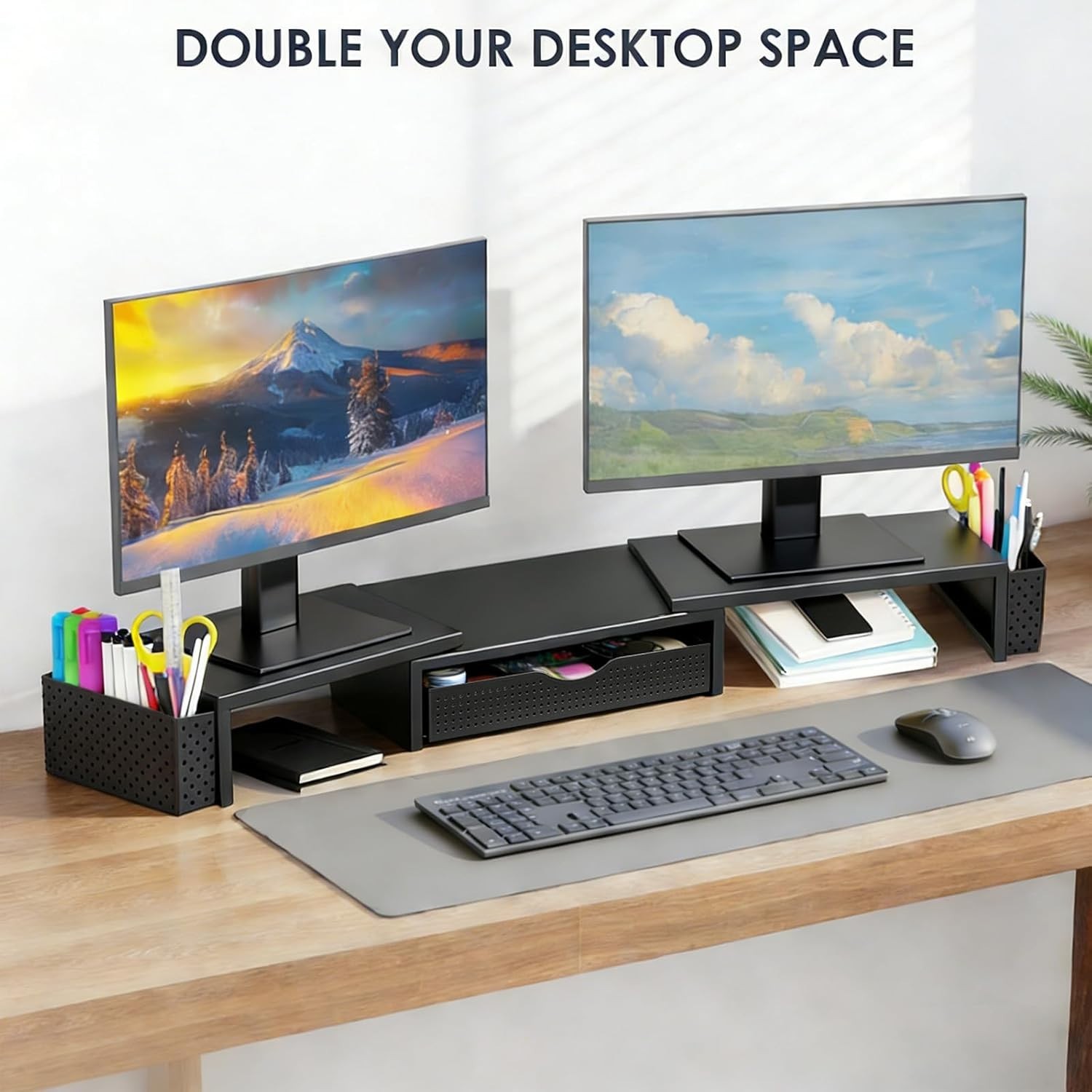 All-in-One Dual Monitor Stand Riser & Workspace Organizer – Black Metal Design