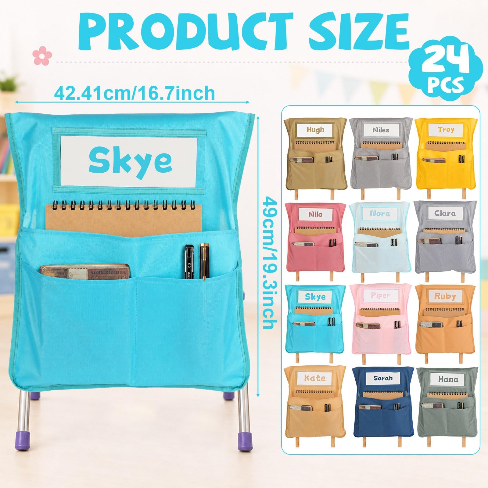 24pcs for Classroom 16.3×19.7inch Classroom Chair Pockets with Name Tag 3 Poc…