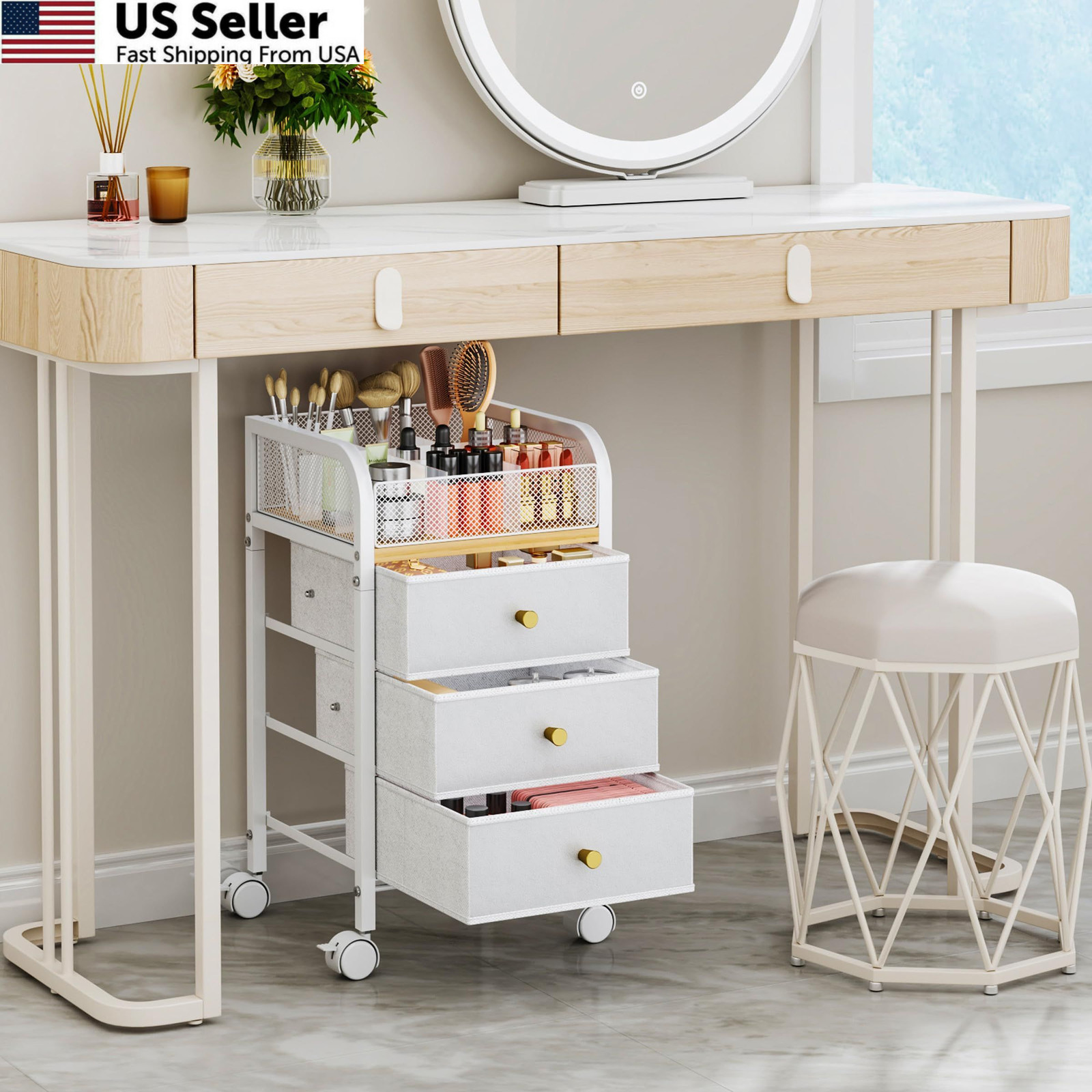 SWTYMIKI Rolling Makeup Organizer Cart – Under Desk Vanity 4-Tier, White