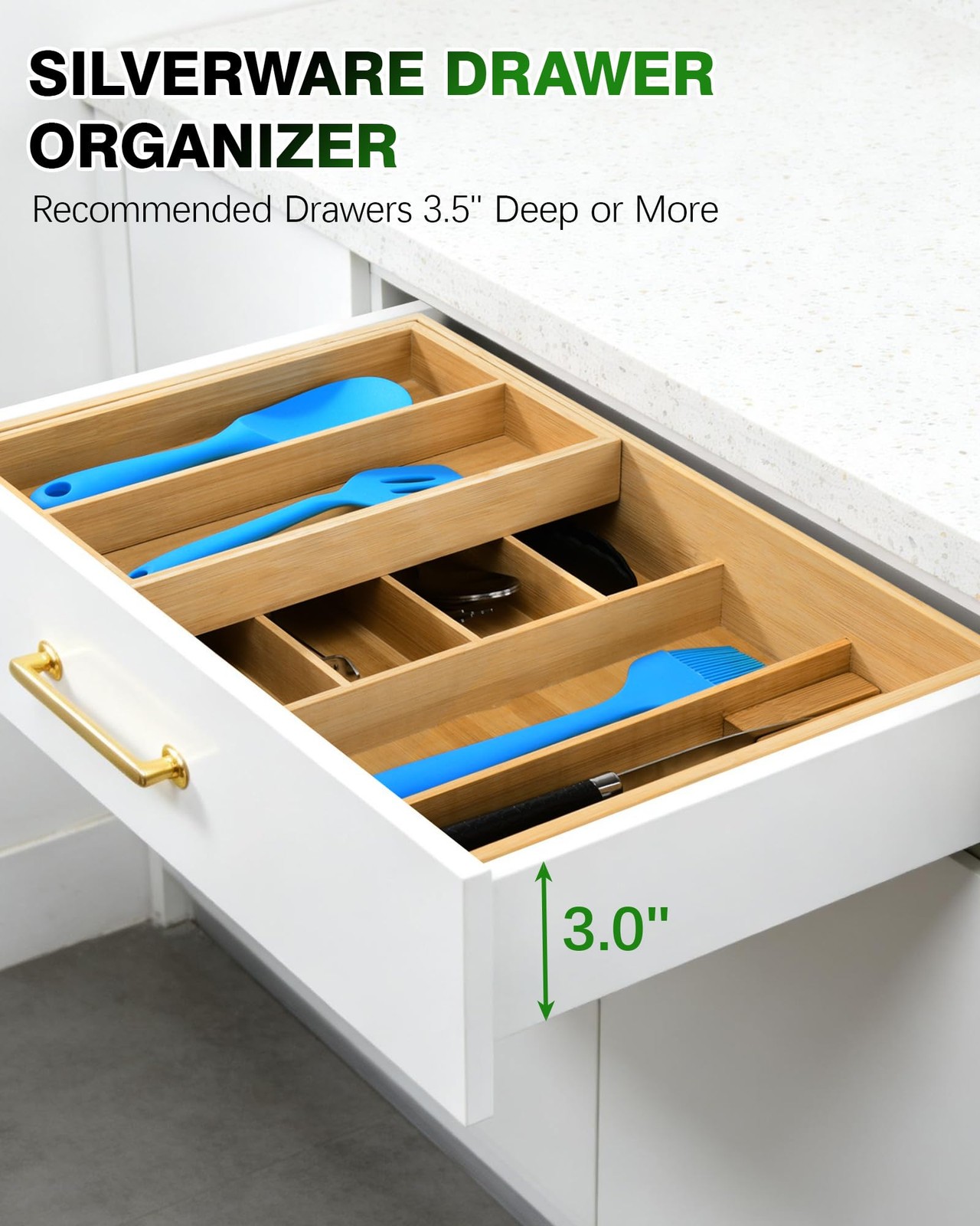 HULISEN Double Layer Bamboo Utensil Drawer Organizer, 2 Tier Silverware Wood