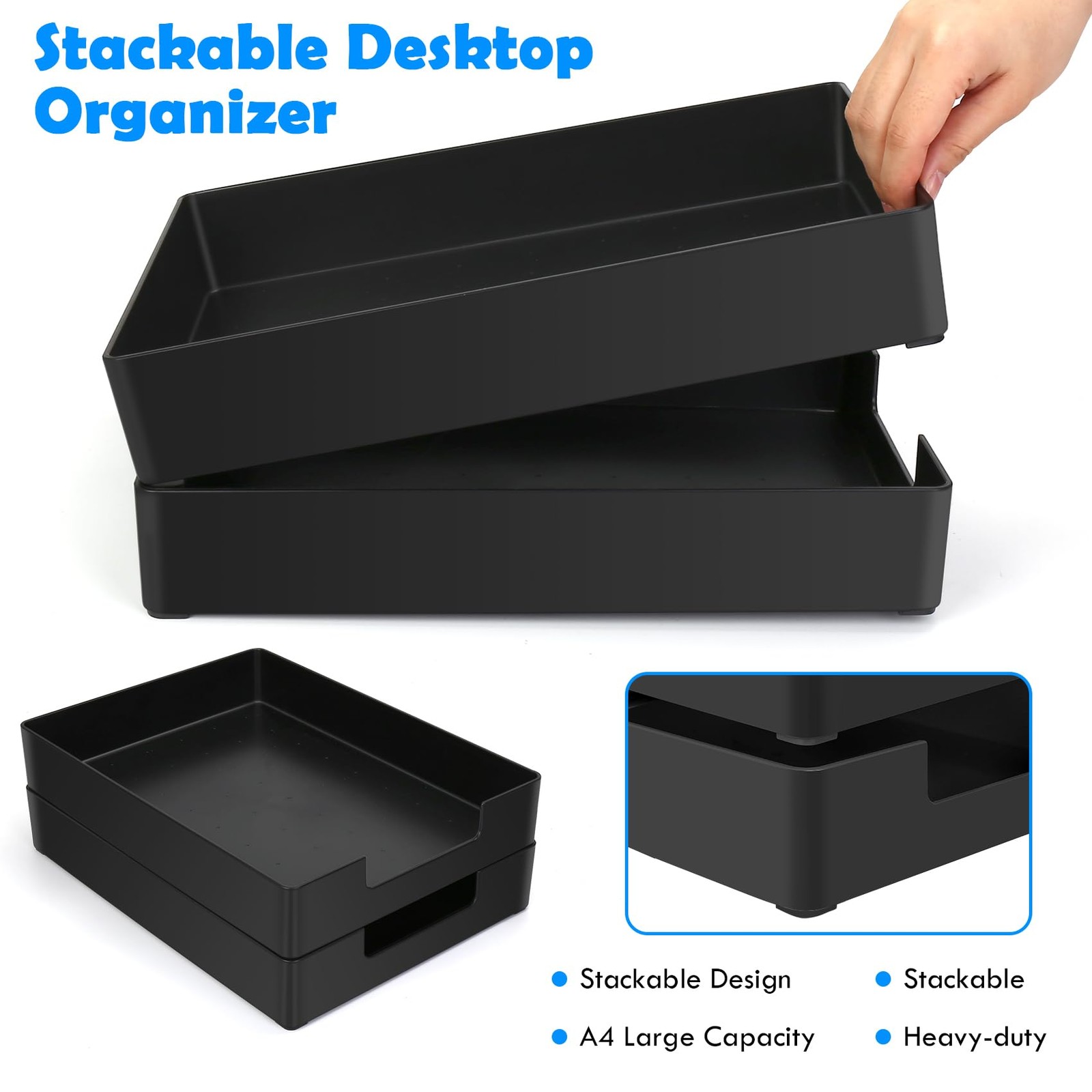 EsOfficce Letter-Size Tray, 2PCS Plastic Stackable A4 Paper Black 2pcs
