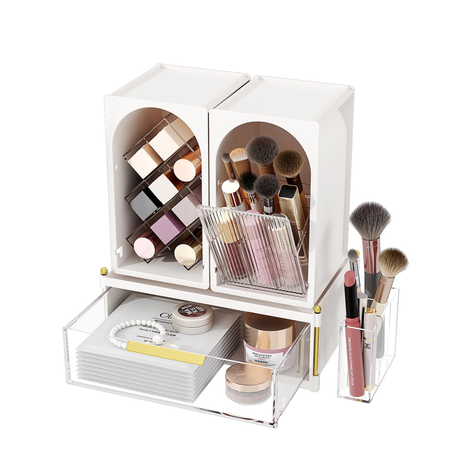 FOLLOWIN Compact Makeup Organizer Set, Lipstick Holder White & Transparent