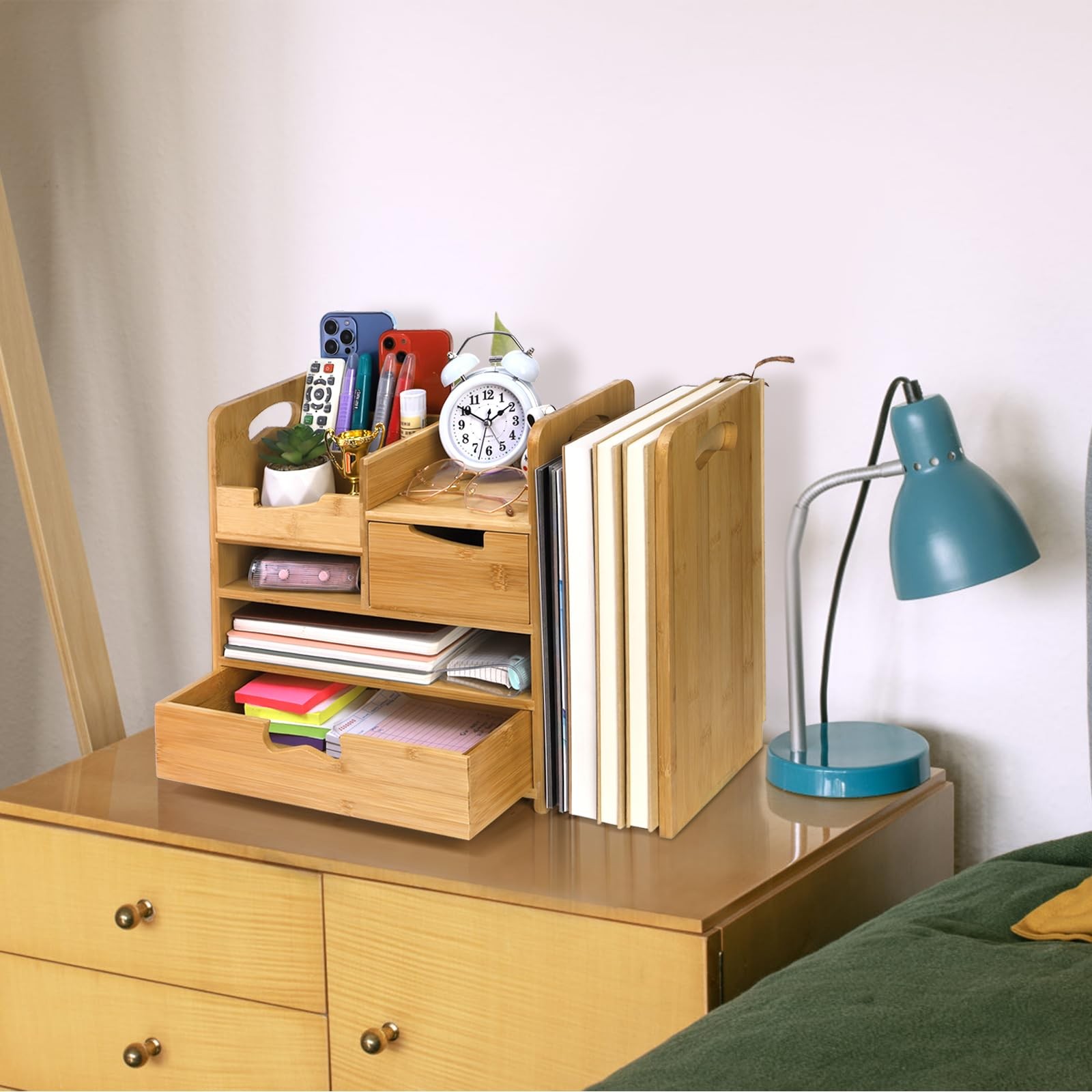 ZOOFOX Bamboo Desk Organizer with Adjustable File Holder, Mail Light Brown